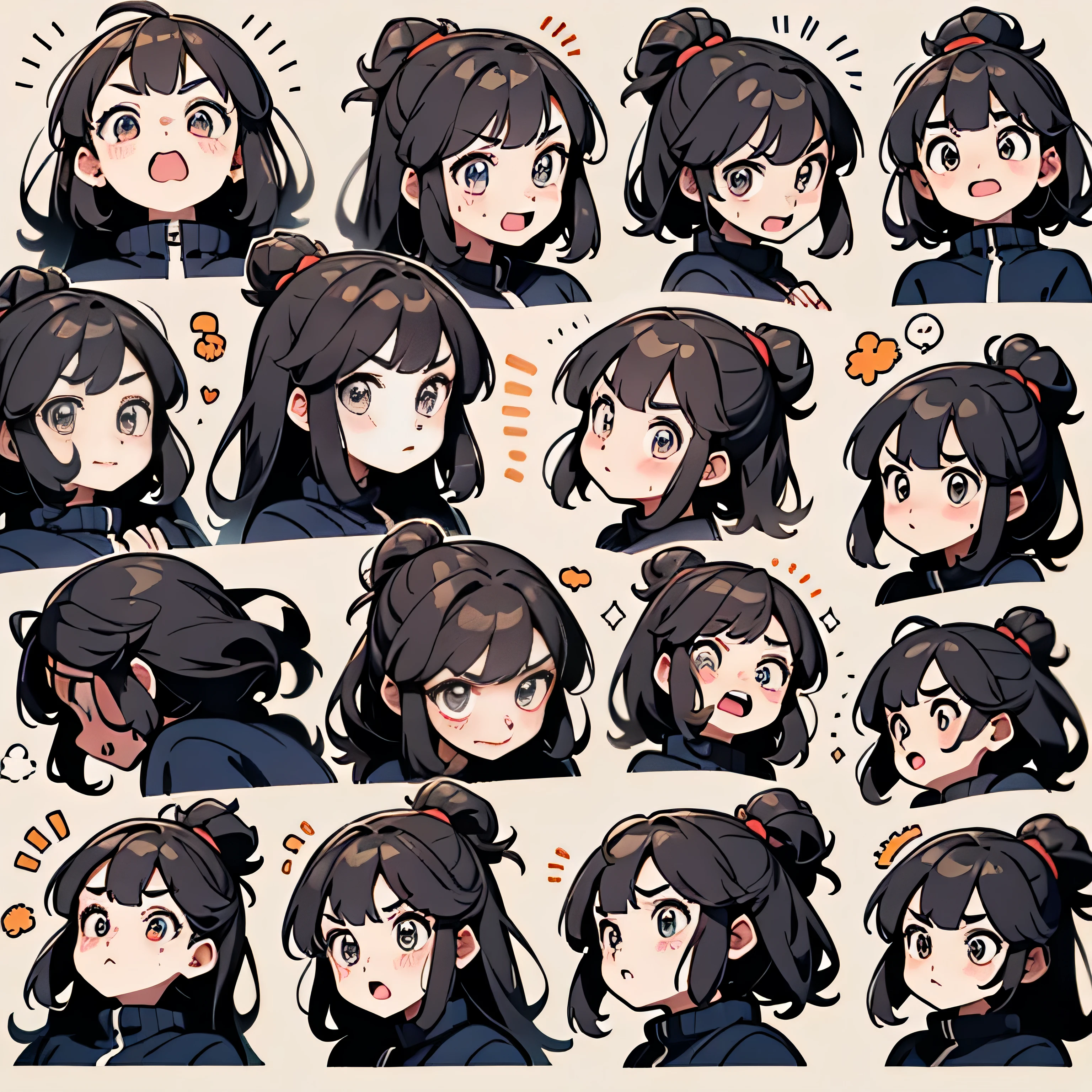 Emoji sheet of a cute fat girl, 16 emotions, Multiple dynamic poses, different expressions, White background, happy, angry,scared, surprise, ETC., 8k,--There are 250--Less than 5
