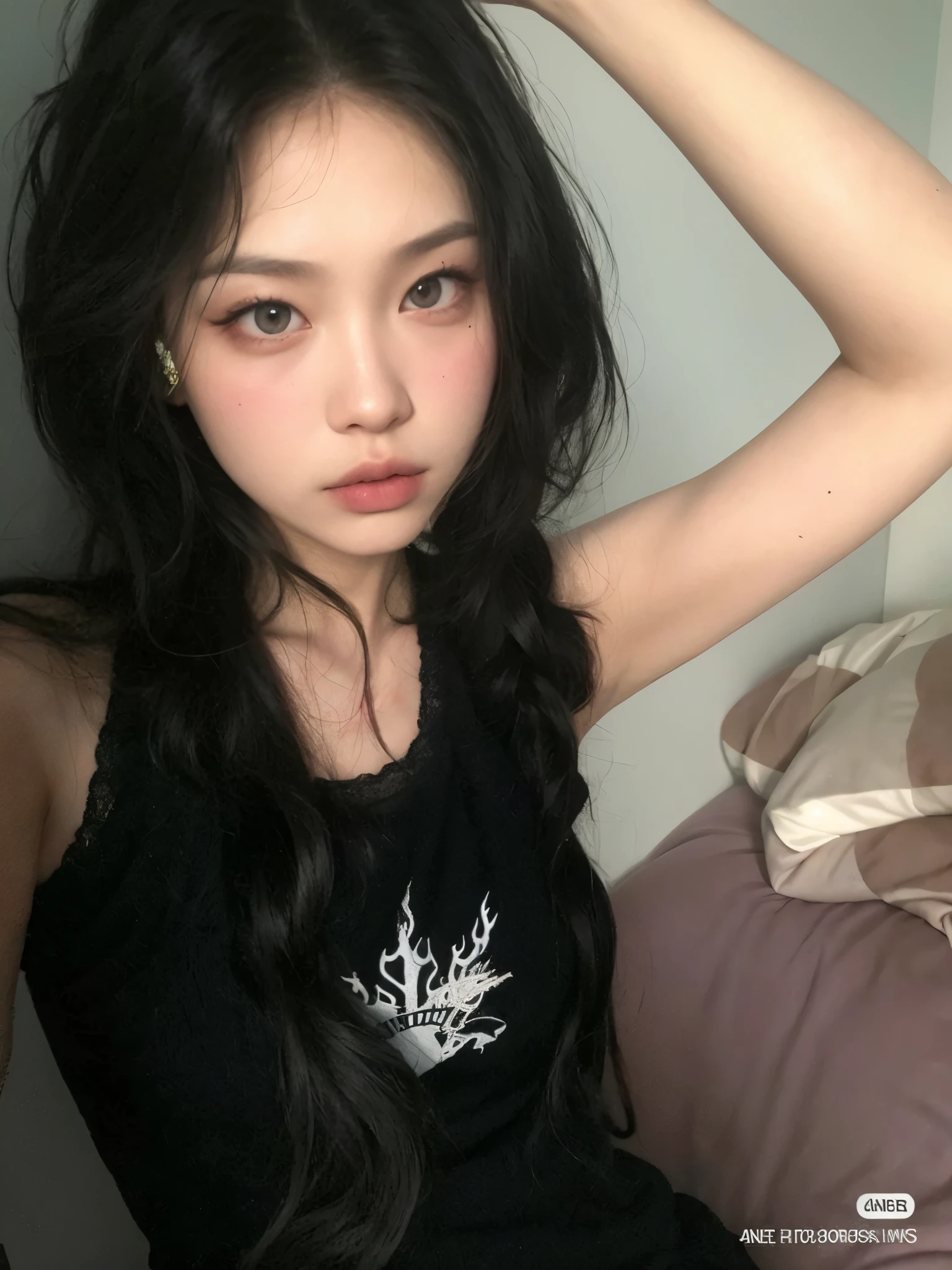 a close up of a woman with long hair and a black top, cruel korean goth girl, ulzzang, blackpink jennie, korean girl, with long hair and piercing eyes, pale porcelain white skin, pale goth beauty, her face looks like an orchid, pale fair skin!!, beautiful south korean woman, heonhwa choe, with black sclera eyes