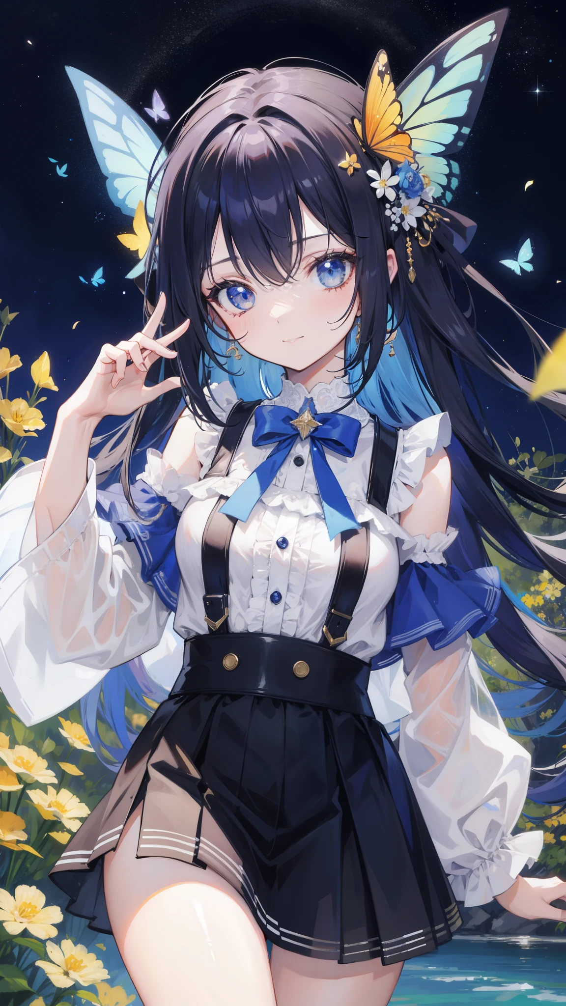32k, highest quality, expensive_solve, clear_image, detailed background, girl, flower, garden, starry sky, Beautiful modeling, smile,  lots of butterflies々, 