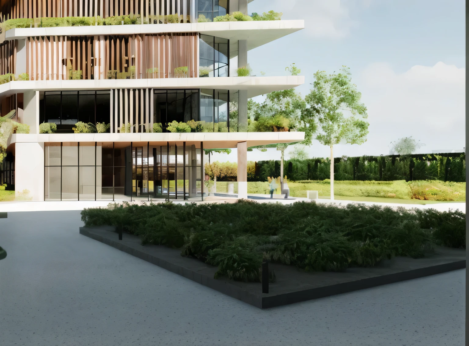 tropical com foo claro, jardim, rendering of a modern building with courtyard and garden, architectural rendering, professional rendering, architectural rendering, architectural visualization, detailed renderinging, detail rendering, digital rendering, award-winning rendering, architectural visualization, highly detailed rendering, detailed rendering, high detail rendering, construindo telhado com planta, architectural renderinging, luminous rendering, architectural 3D rendering, green terrace