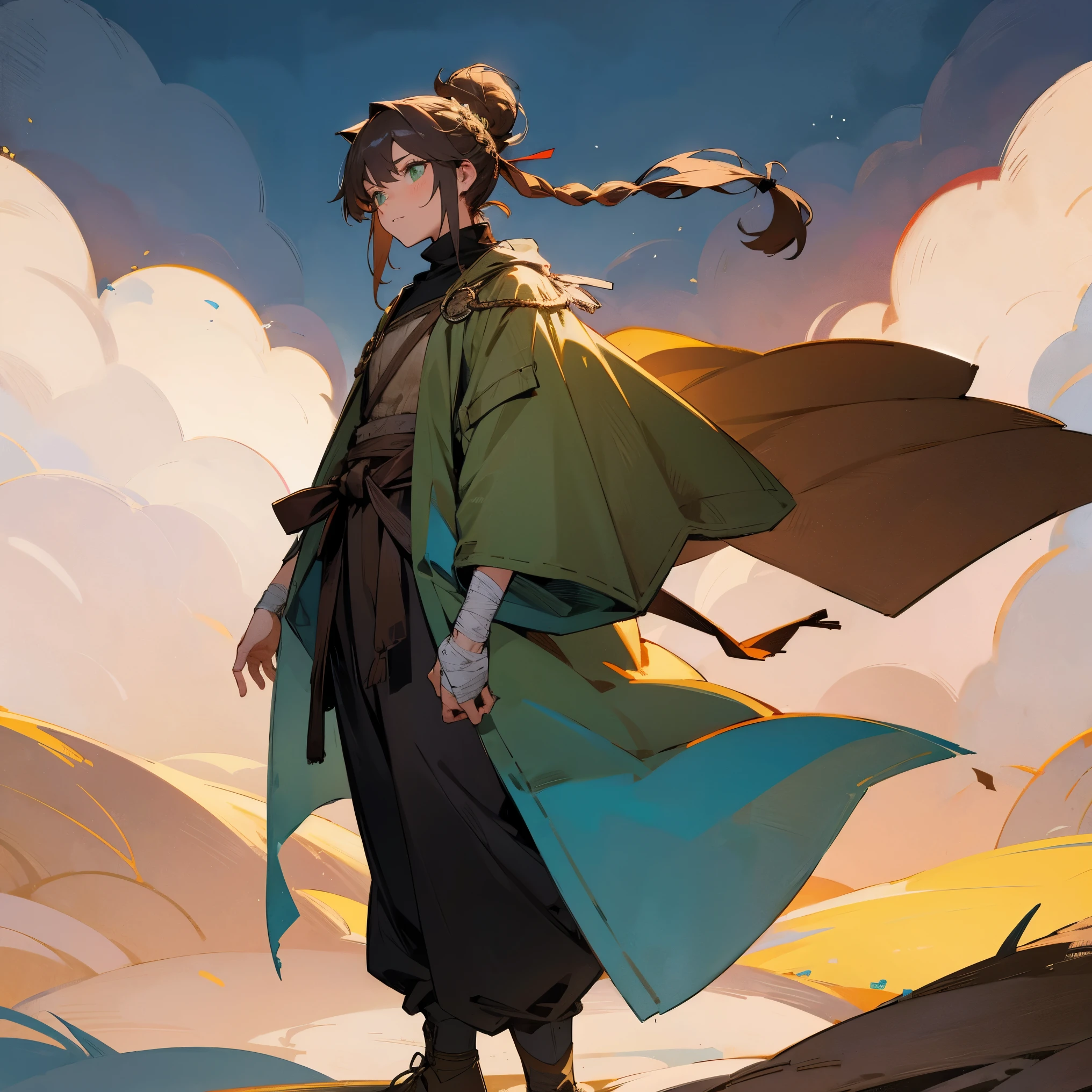 1male, adult, finely detailed green eyes, long messy braided bun, blue and brown ombré hair color, loose turtleneck, loose baggy pants, poncho, bandages wrapped around arms, standing with arms folded, standing on open trail, night, village, muscular, serious 