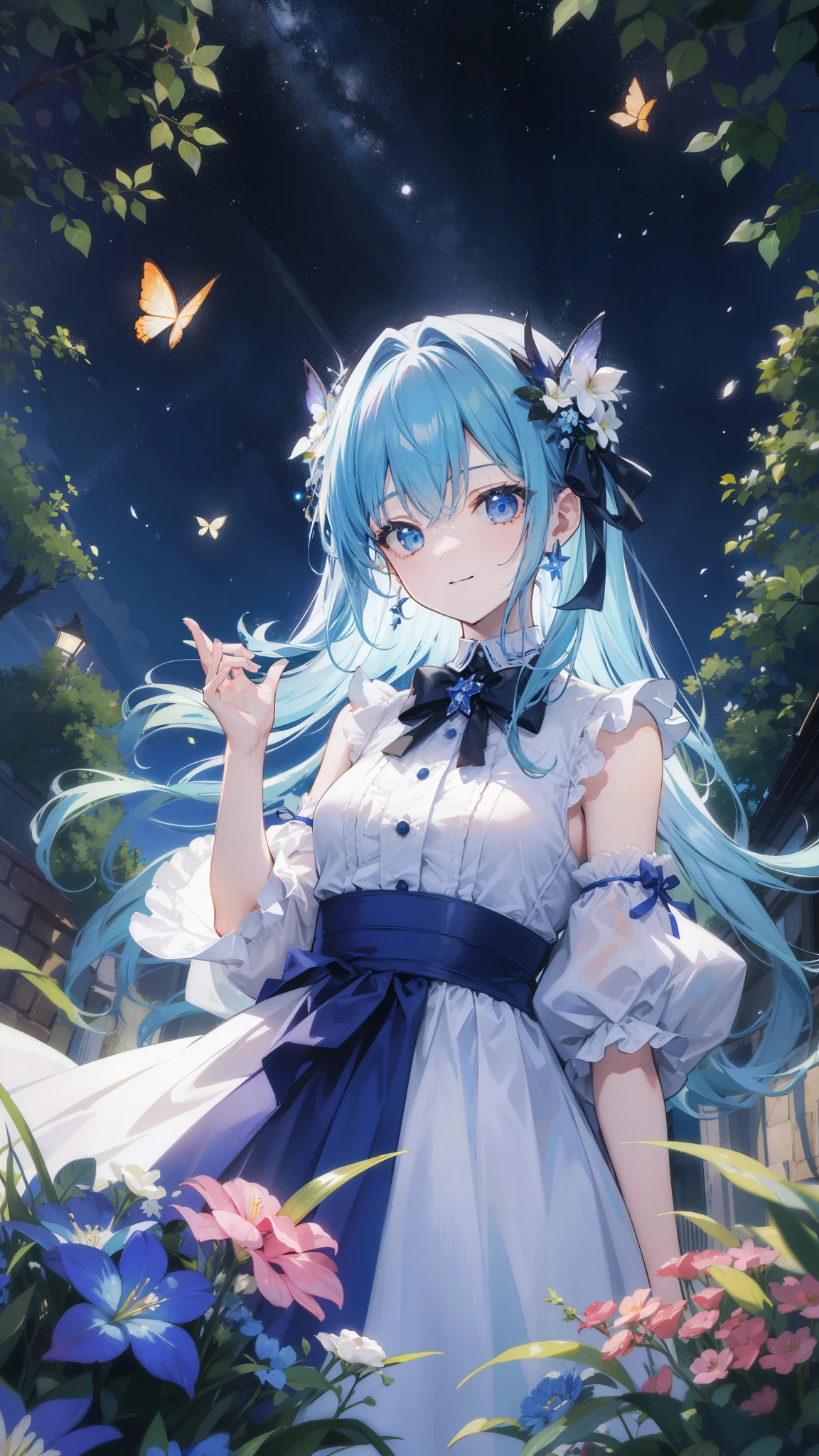 32k, highest quality, expensive_solve, clear_image, detailed background, girl, flower, garden, starry sky, Beautiful modeling, smile, lots of butterflies々,