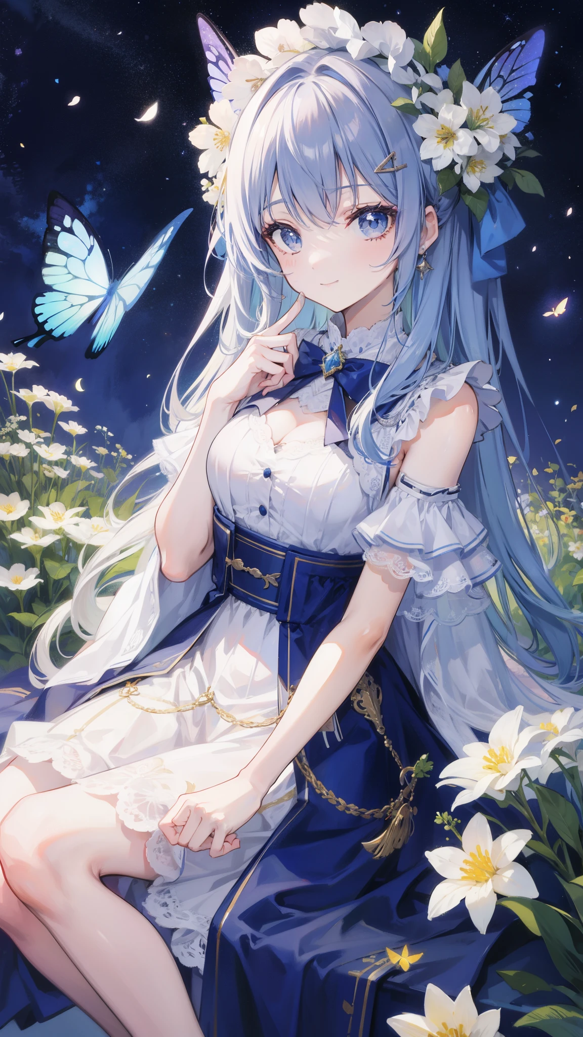 32k, highest quality, expensive_solve, clear_image, detailed background, girl, flower, garden, starry sky, Beautiful modeling, smile,  lots of butterflies々, 