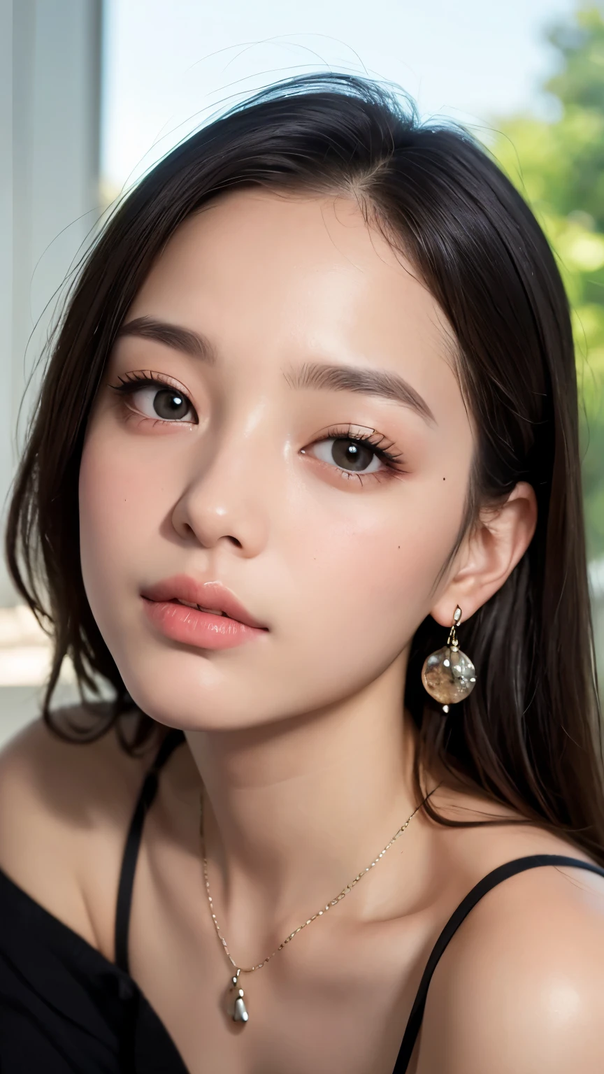 A woman with long hair wearing a black dress and earrings - SeaArt AI