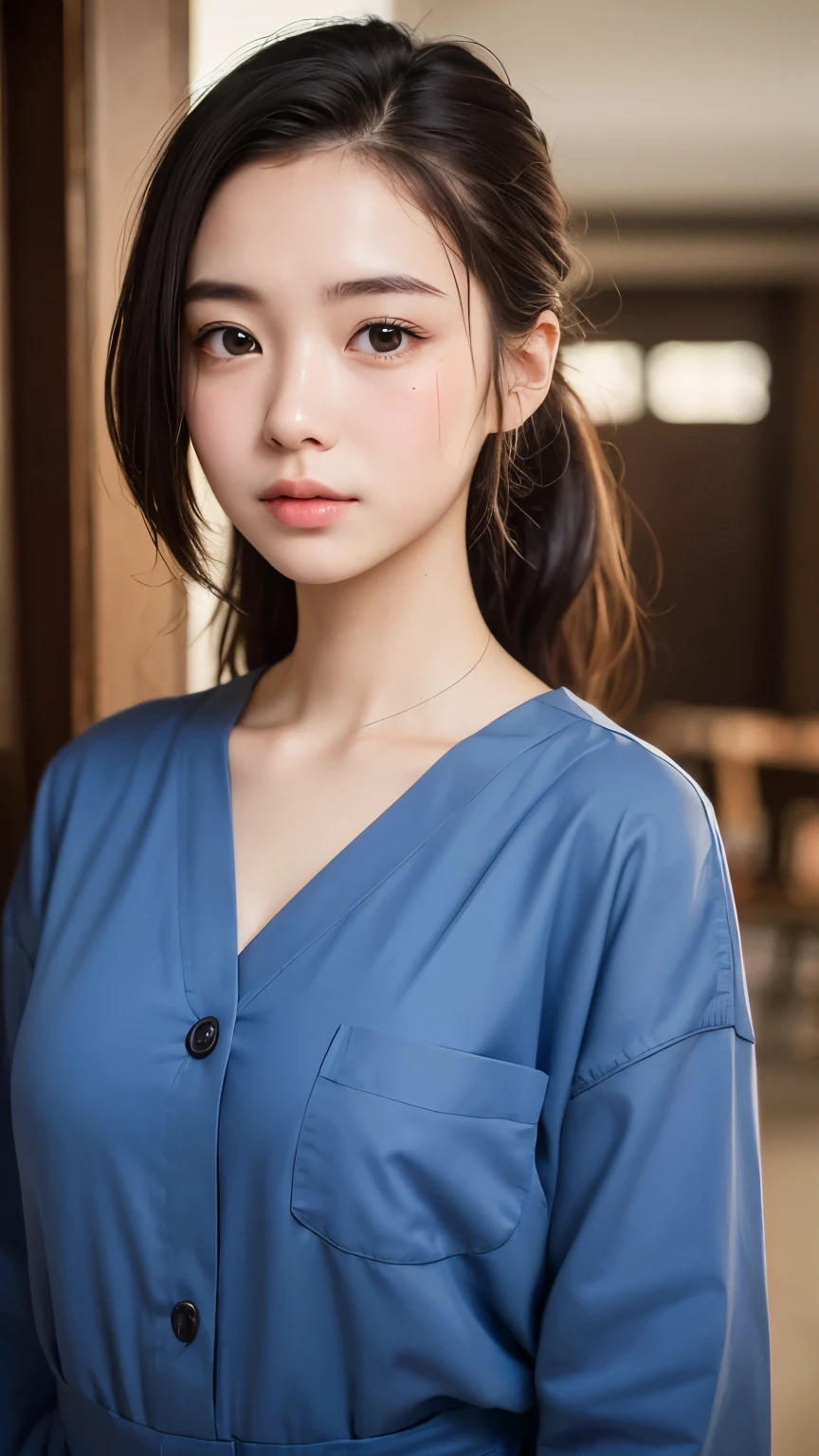 (masterpiece:1.3)、Super detailed finish、(High resolution、8k:1.3)、(highest quality、Super realistic like a photo:1.5)、sharp focus, ultra high definition face、Face is in focus、Ultra high definition and beautiful eyes、Eyes are symmetrical:1.3、High-definition and beautiful skin、firm skin、1 girl, 18 years old、nurse、白いnurse服をきています、Very cute、very cute、natural make, glossy lips、Strange look, wet eyes:1.3, blush:1.3, embarrassed:1.3、looking at viewer ,Hair is tied
