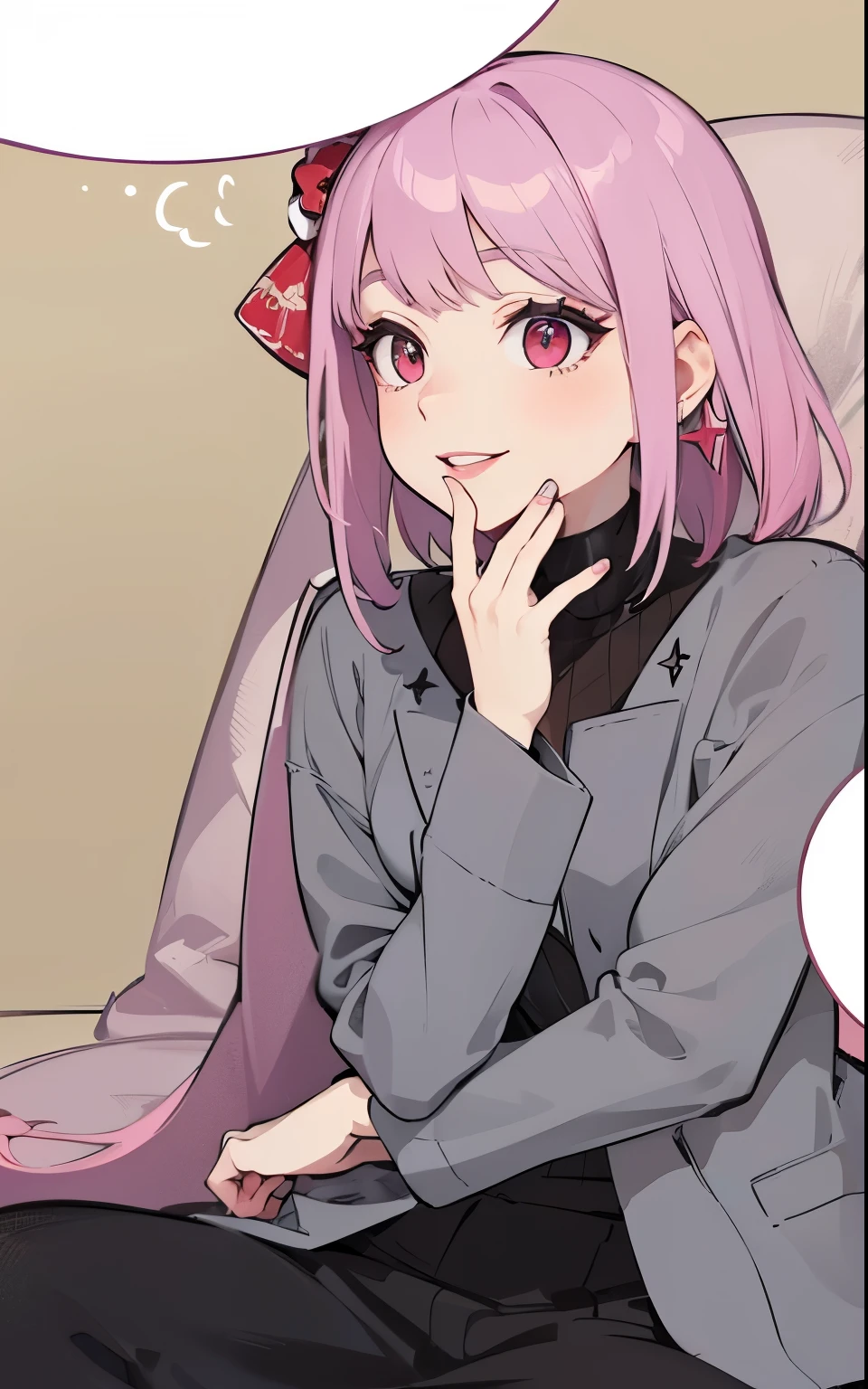 (masterpiece, best quality:1.4), (extremely detailed, 8k, uhd), cinematic shot, natural lighting, ultra highres, vibrant rich colors, (beautiful, aesthetic, perfect, delicate, intricate:1.2), (sharp focus, from front:1.3), eye level shot, 1girl, portrait of a anime girl, young, short pink hair, (extremely hot, attractive, beautiful, sexy, feminine:1.2), calm, expressive red eyes, long eyelashes, relaxed, (smiling:1.2), (beautiful detailed face, highly detailed skin, red eyes), gorgeous, breathtaking beauty, seductive, captivating, pale skin, perfect female figure, (slim:0.5), (highly saturated lipstick, purple pink lips, luscious thick lips, small red star earrings), intricate details, daytime, award winning photography, detailed background, volumetric fx, anime, hyper-detailed