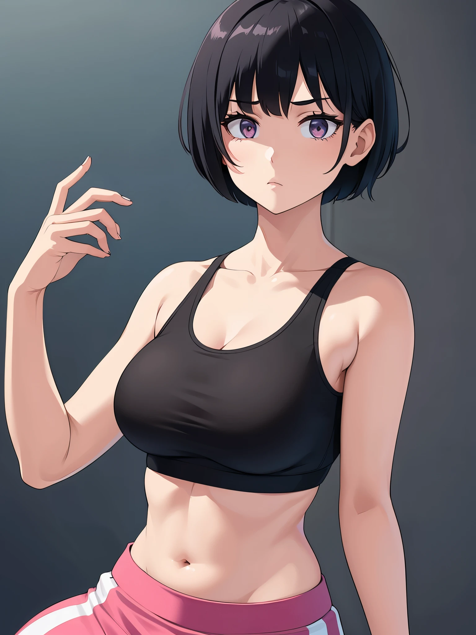 1girl, short hair, black hair, medium breast, sport bra, pink skirt, solid body