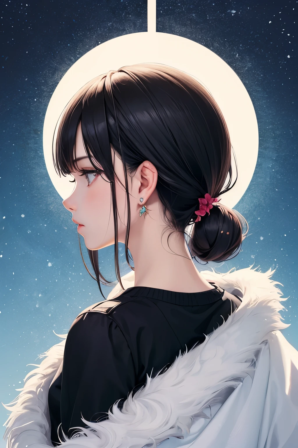 ((best quality)), ((masterpiece)), (detailed), perfect face anime, , , 20s, sad, black hair, pixie, white, illustration, snow, back view, on back, fishnet