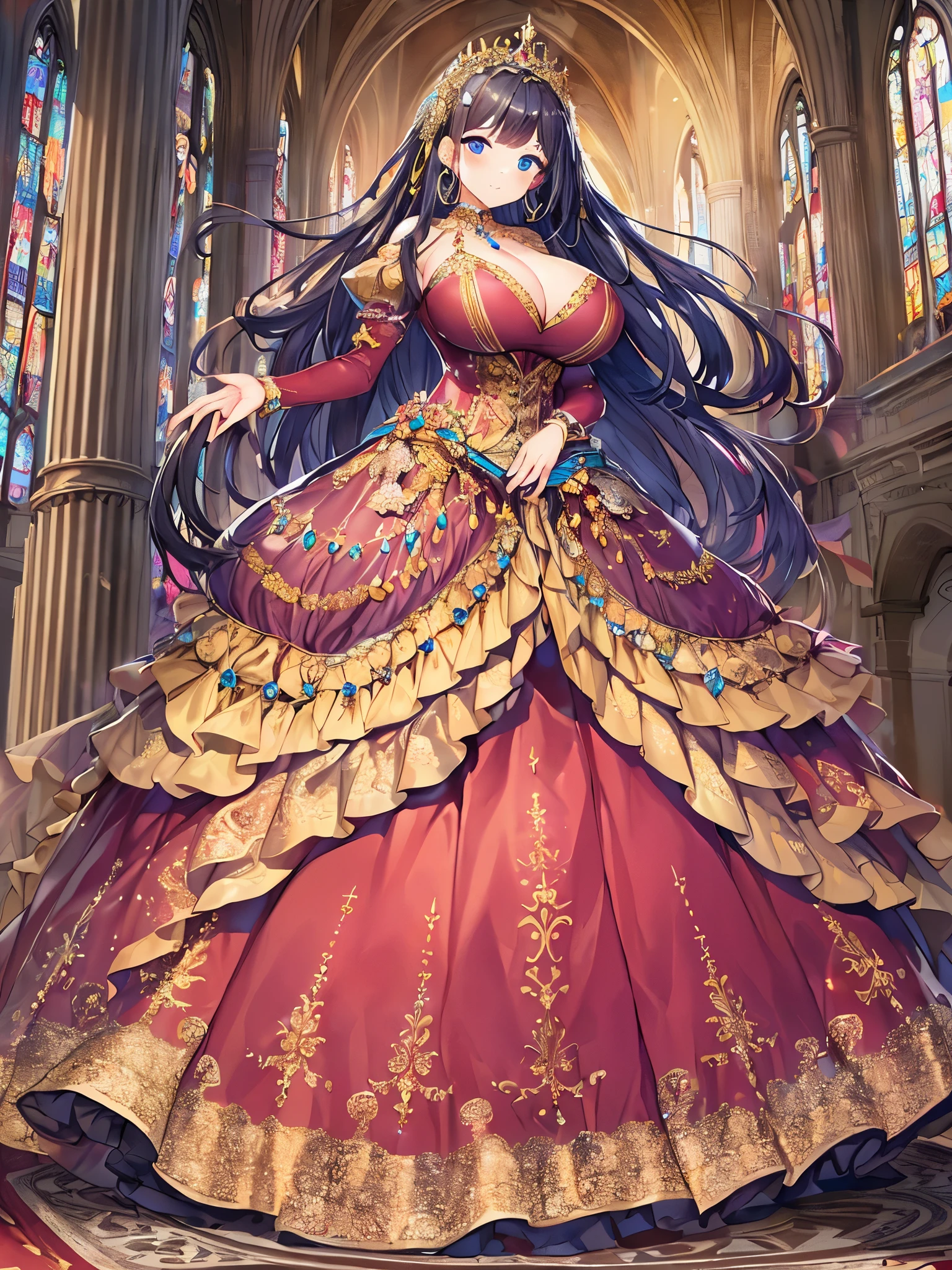 anime artstyle,Masterpiece,Best Quality,Super Detail,Very Delicate and Beautiful,Solo,((full body)),full body portrait,((1 bling-bling princess in a gorgeous embroidery rococo ballgown with jeweled)),(((very very gigantic tits,cleavage,curvy))),Skindentation,((Cathedral,church)),((crinoline,long train)),super detailed gorgeous ballgown with voluminous full length hoop skirt,gorgeous princess rococo ballgown with long train,((gorgeous princess rococo ballgown with beautiful embroidery and jeweled)),(detailed face and eyes),jewel-like eyes,((extremely voluminous straight Hair,Extremely Long Straight Hair)),extremely gorgeous hair ornament,((extremely gorgeous bling-bling big tiara)),bling-bling luxurious jewelry,Beautifully detailed lots of lace and ruffles,(Dynamic Angle),(((super detailed gorgeous princess rococo ballgown with voluminous full length hoop skirt))),full body