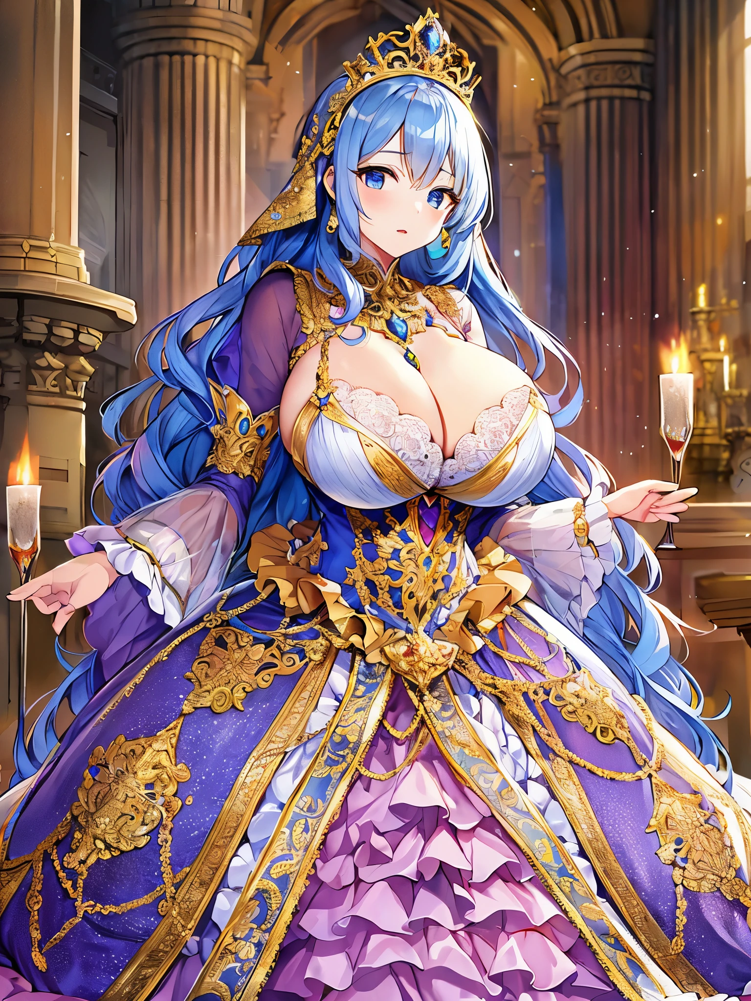 anime artstyle,Masterpiece,Best Quality,Super Detail,Very Delicate and Beautiful,Solo,((full body)),full body portrait,((1 bling-bling princess in a gorgeous embroidery rococo ballgown with jeweled)),(((very very gigantic tits,cleavage,curvy))),Skindentation,((Cathedral,church)),((crinoline,long train)),super detailed gorgeous ballgown with voluminous full length hoop skirt,gorgeous princess rococo ballgown with long train,((gorgeous princess rococo ballgown with beautiful embroidery and jeweled)),(detailed face and eyes),jewel-like eyes,((extremely voluminous straight Hair,Extremely Long Straight Hair)),extremely gorgeous hair ornament,((extremely gorgeous bling-bling big tiara)),bling-bling luxurious jewelry,Beautifully detailed lots of lace and ruffles,(Dynamic Angle),(((super detailed gorgeous princess rococo ballgown with voluminous full length hoop skirt))),full body