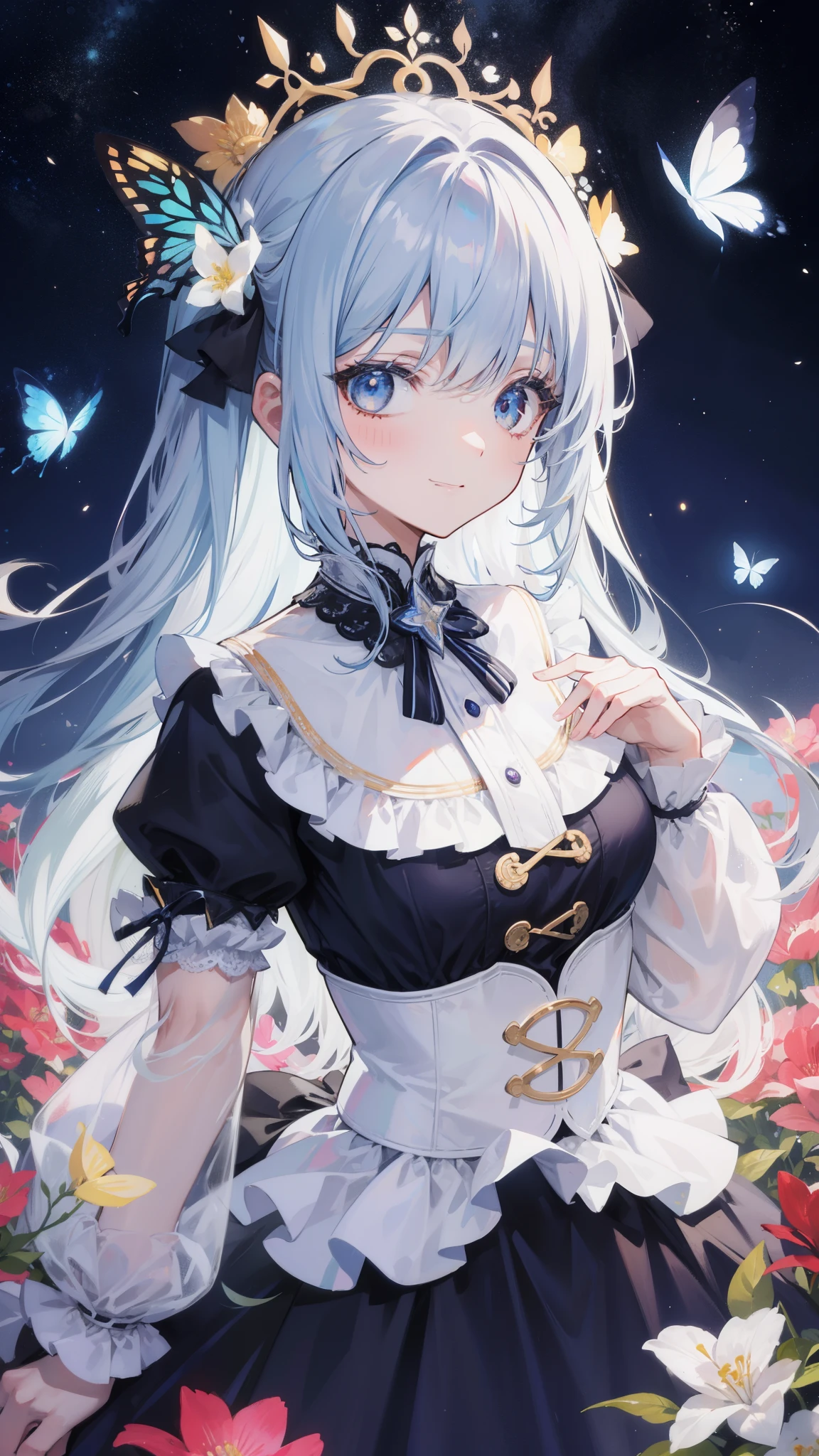 32k, highest quality, expensive_solve, clear_image, detailed background, girl, flower, garden, starry sky, Beautiful modeling, smile, lots of butterflies々,