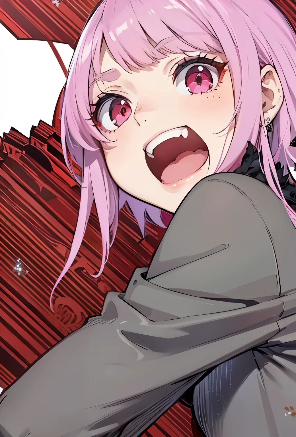(masterpiece, best quality:1.4), (extremely detailed, 8k, uhd), cinematic shot, natural lighting, ultra highres, vibrant rich colors, (beautiful, aesthetic, perfect, delicate, intricate:1.2), (sharp focus, from front:1.3), eye level shot, 1girl, portrait of a anime girl, young, short pink hair, (extremely hot, attractive, beautiful, sexy, feminine:1.2), calm, expressive red eyes, long eyelashes, relaxed, (smiling:1.2), (beautiful detailed face, highly detailed skin, red eyes), gorgeous, breathtaking beauty, seductive, captivating, pale skin, perfect female figure, (slim:0.5), (highly saturated lipstick, purple pink lips, luscious thick lips, small red star earrings), intricate details, daytime, award winning photography, detailed background, volumetric fx, anime, hyper-detailed