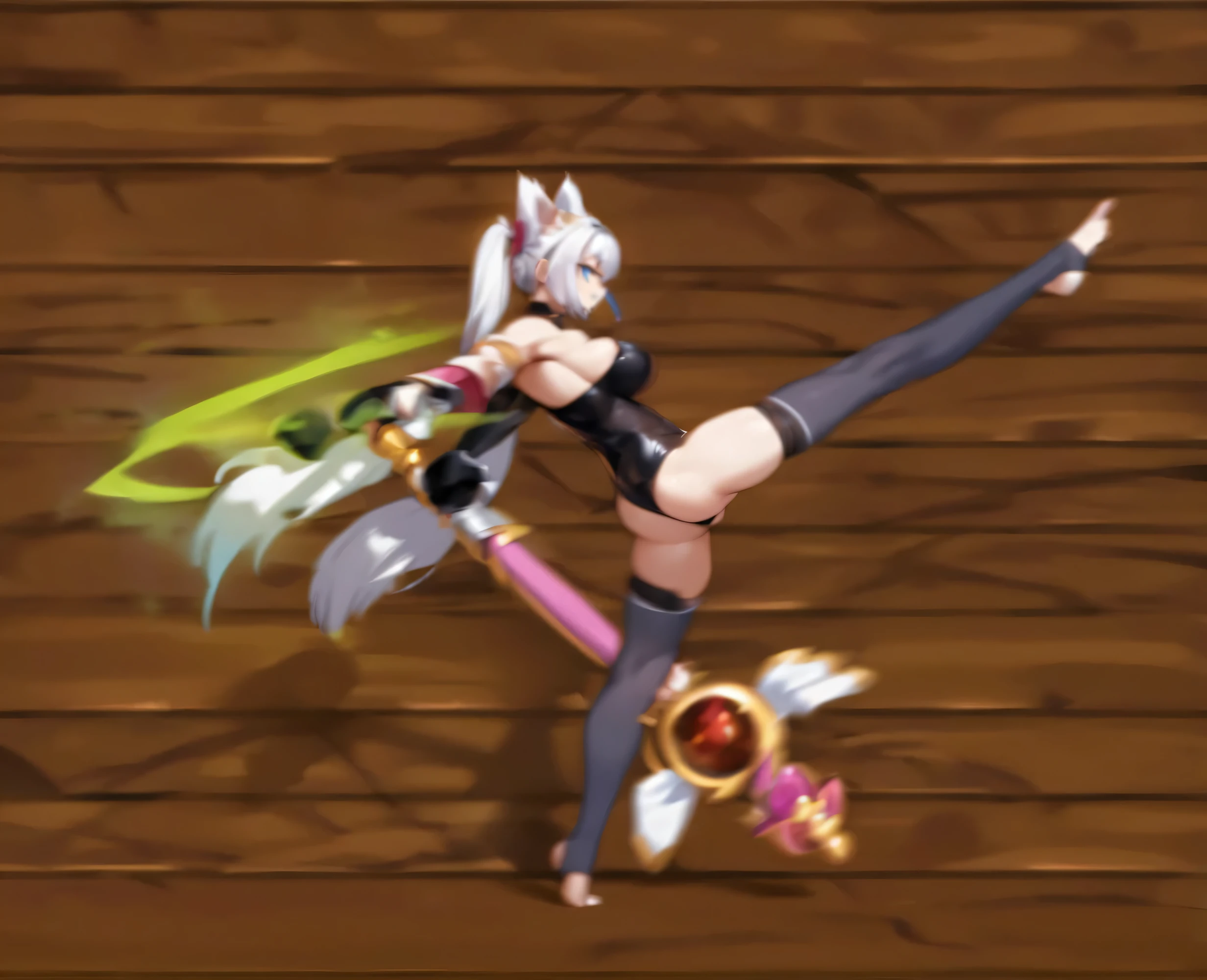 , attack posture, fighting stance, Strongest posture,  heroic kicking gesture,masterpiece，top quality，sexy women，cat ears，Holding a magical girl wand，Foot socks，Black Bunny Girl jumpsuit，Both sides of the thighs are exposed，Positive kick，blue eyes，White double ponytail，plump butt