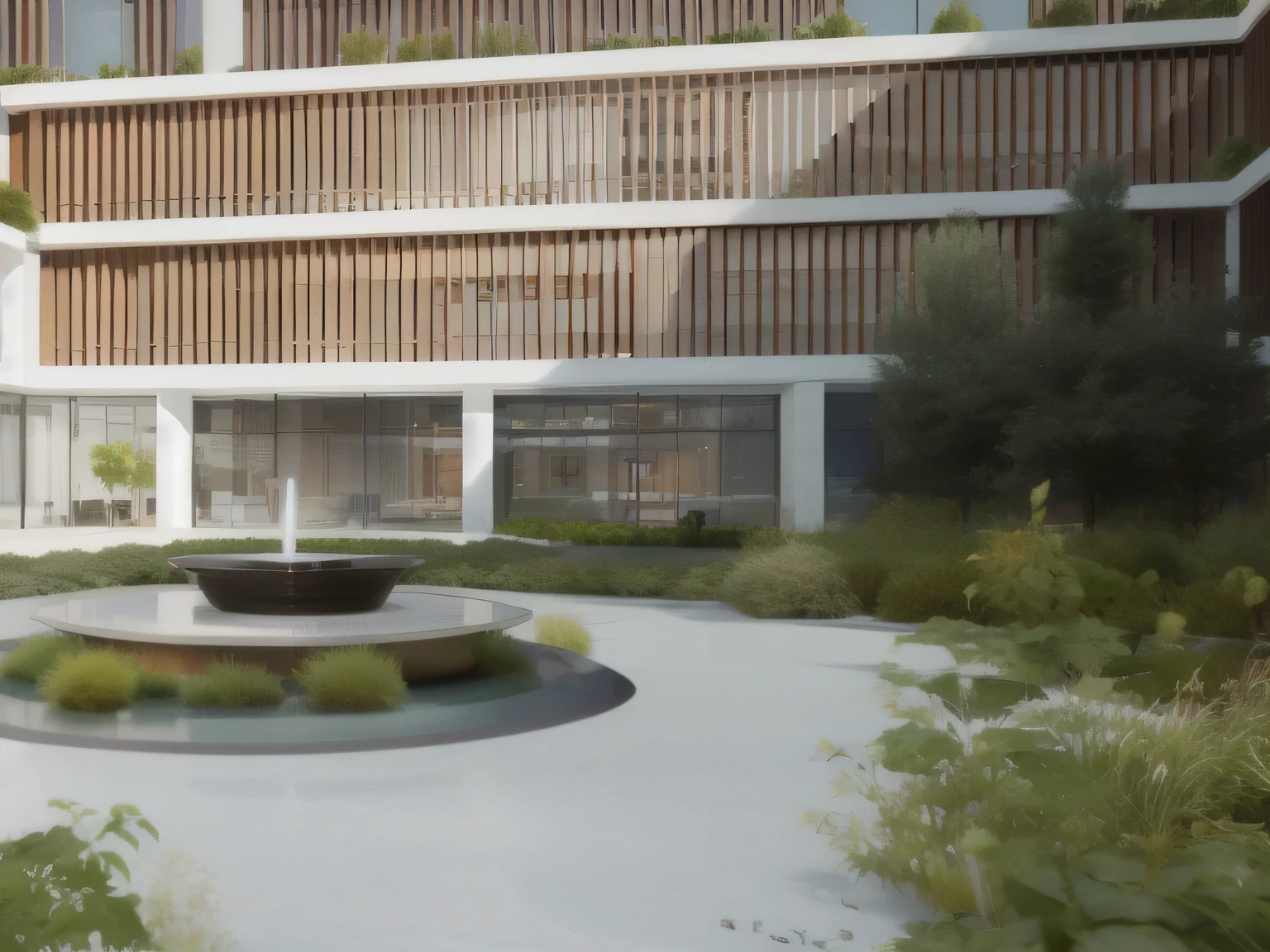 representation of a courtyard with a bench and fountain in the middle, architectural rendering, architectural renderinging, architectural visualization, artistic print, green terrace, grande angular exterior 2022, inspirado em David Chipperfield, low angle dimetric rendering, medical research facility, architectural rendering, renderizado em enscape, award-winning rendering, detailed rendering