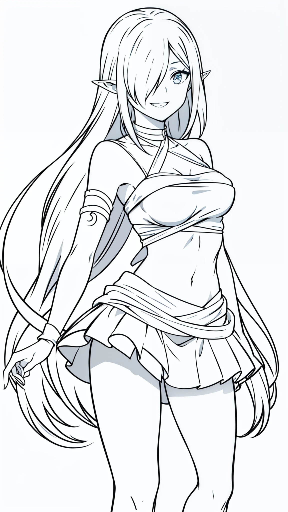 ((1 girl,20s,mature female,medium breasts)),long hair,solo,white hair,long hair,(white skin,colored skin),(((hair over one eye))),((naked bandage)),white pleated mini skirt,elf ears,bare belly,(white background,line drawing),sharp teeth,((smile,yandere,grin,crazy))