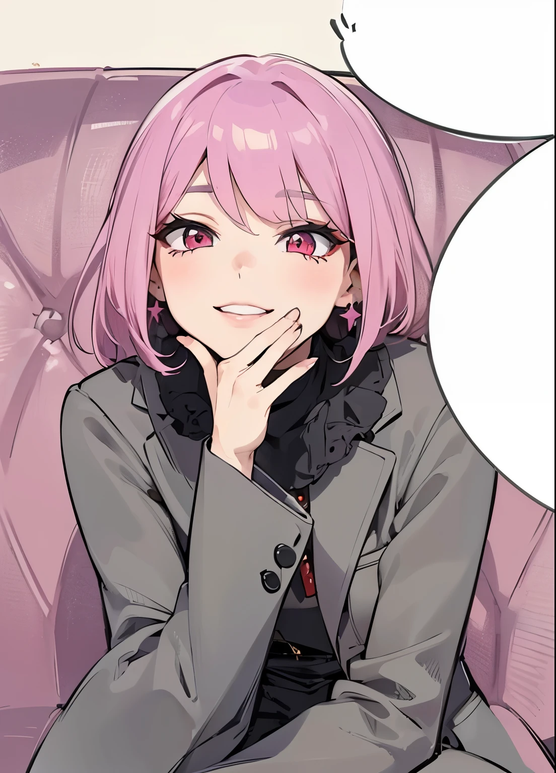 (masterpiece, best quality:1.4), (extremely detailed, 8k, uhd), cinematic shot, natural lighting, ultra highres, vibrant rich colors, (beautiful, aesthetic, perfect, delicate, intricate:1.2), (sharp focus, from front:1.3), eye level shot, 1girl, portrait of a anime girl, young, short pink hair, (extremely hot, attractive, beautiful, sexy, feminine:1.2), calm, expressive red eyes, long eyelashes, relaxed, (smiling:1.2), (beautiful detailed face, highly detailed skin, red eyes), gorgeous, breathtaking beauty, seductive, captivating, pale skin, perfect female figure, (slim:0.5), (highly saturated lipstick, purple pink lips, luscious thick lips, small red star earrings), intricate details, daytime, award winning photography, detailed background, volumetric fx, anime, hyper-detailed