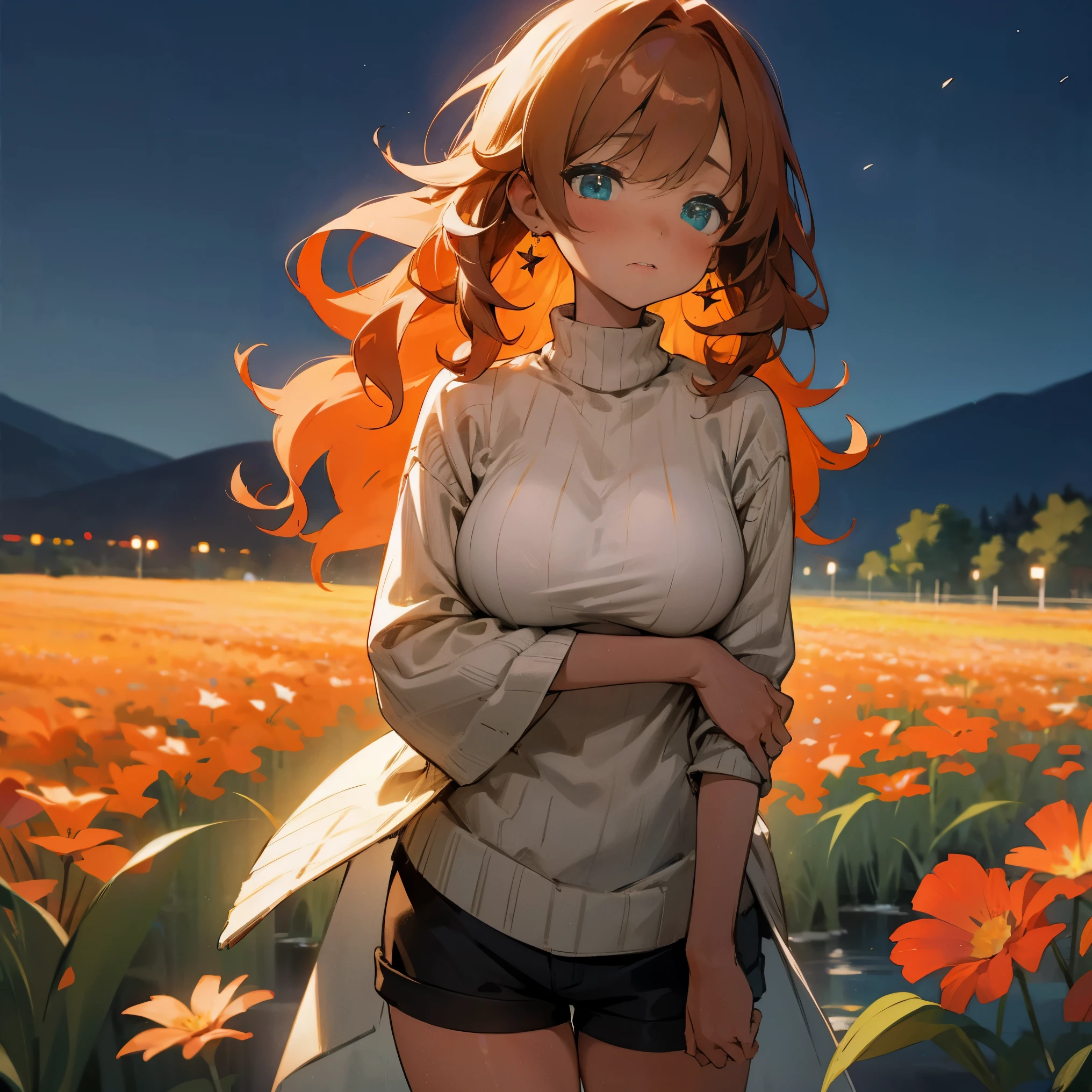 1female, adult, big breast, tan skin, finely detailed azure eyes, long curly hair, orange ombre hair color, loose oversized sweater, shorts, tattoos, blushing, standing in flower field, waterfall, night, village background, sleepy expression, earrings