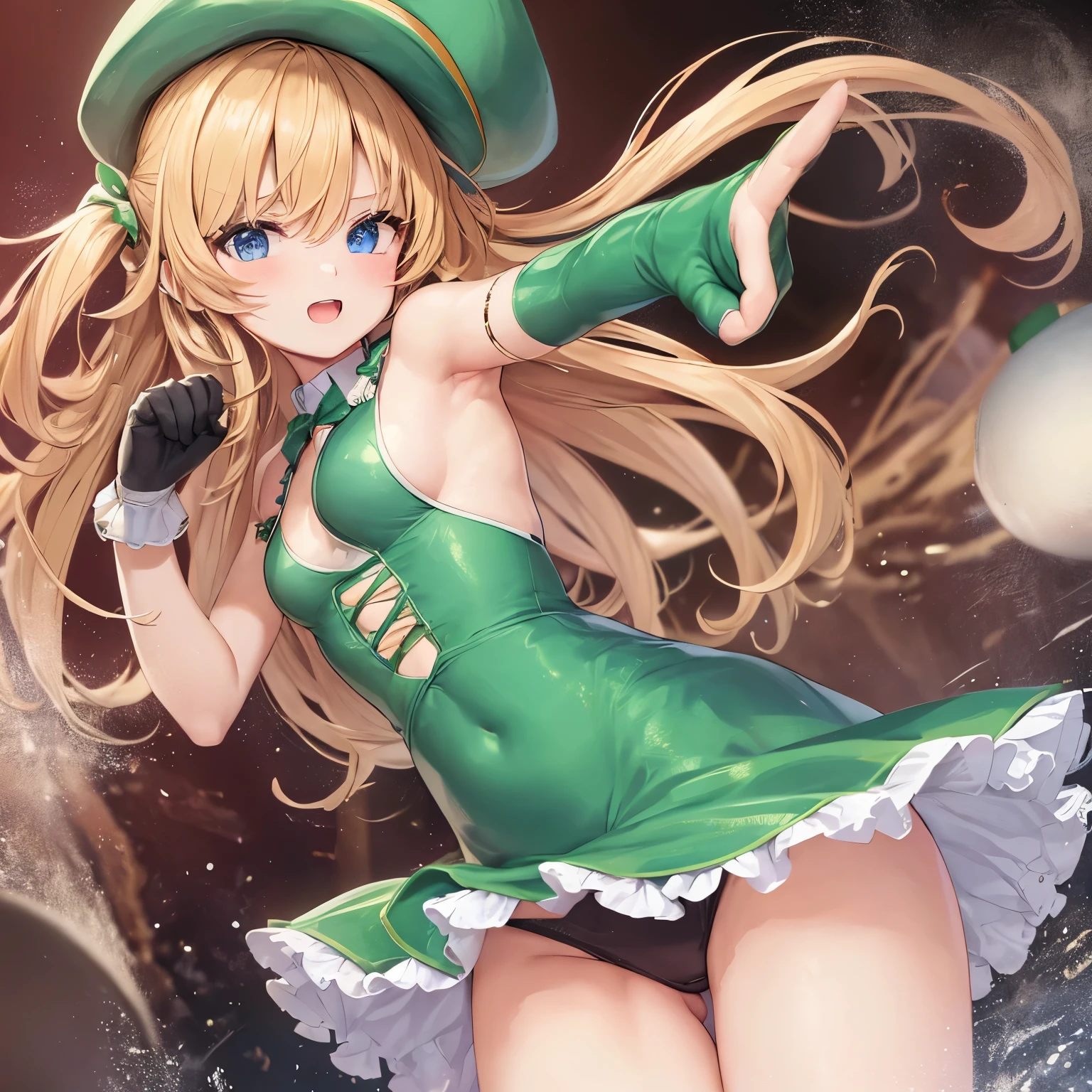 Cute girl in leprechaun dress, green boxing gloves, belly exposed with miniskirt