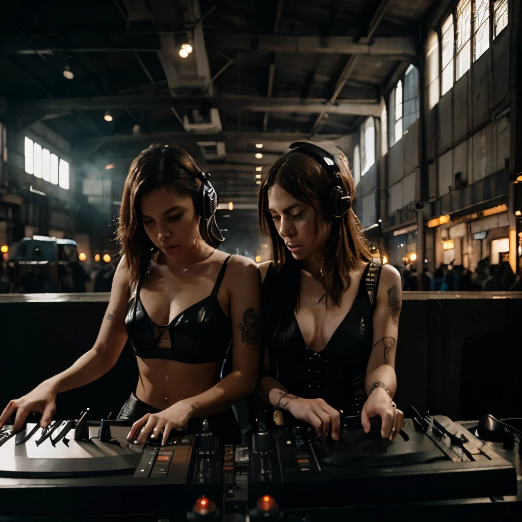 a pair of 2 women DJs, playing music in a huge steampunk industrial hall. Smoky grimy atmosphere