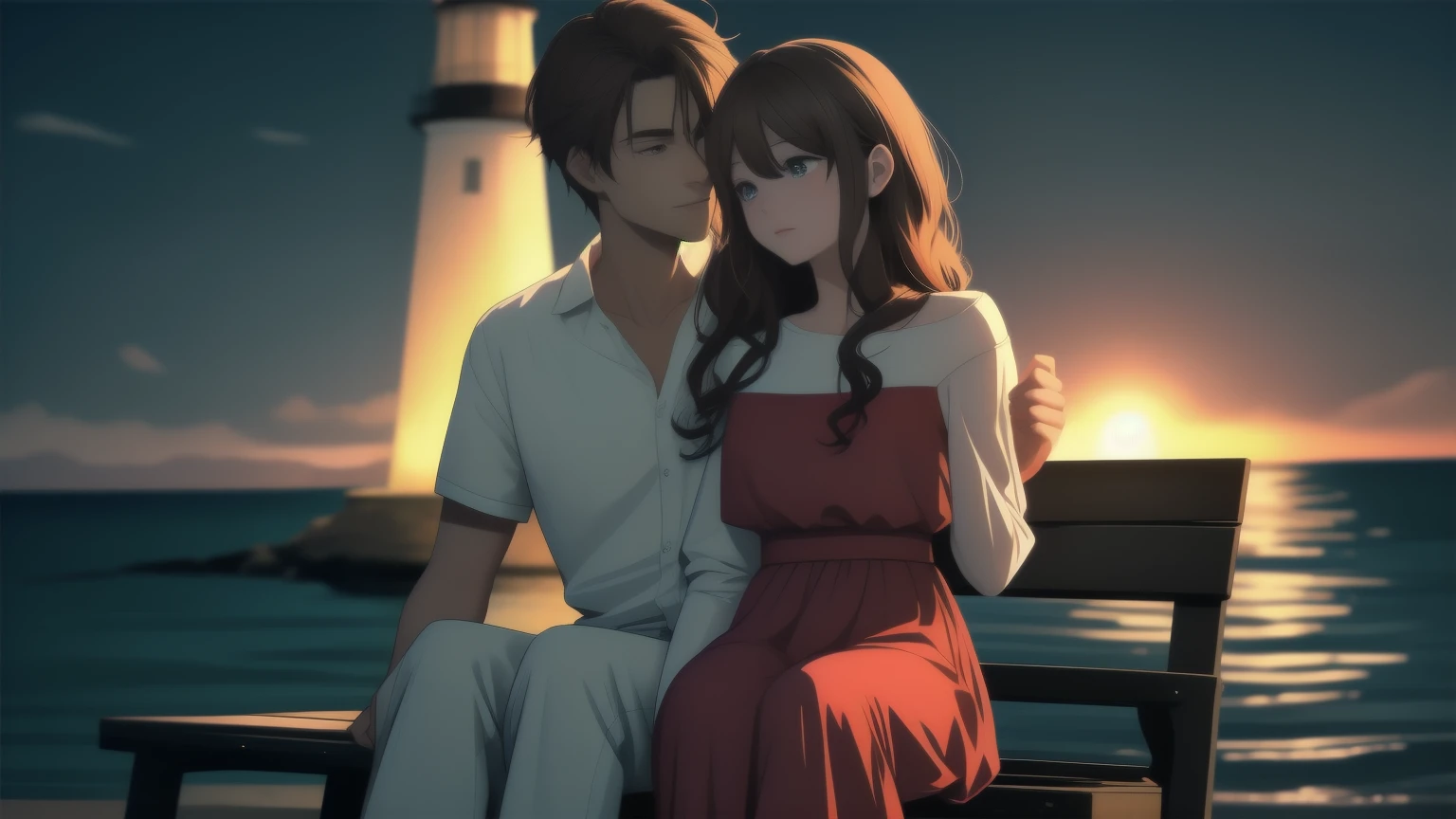 In the dusk, an attractive couple sat side by side on an old-fashioned bench by the (((lighthouse))). They were painted in soft shades of dark orange, creating a romantic atmosphere. A woman with long, wavy auburn hair that swept over her shoulders and shining blue eyes was dressed in a simple but elegant red dress that complemented the mood of the evening. Her boyfriend, with short, well-groomed brown hair and warm hazel eyes, wore a crisp white shirt and denim trousers.