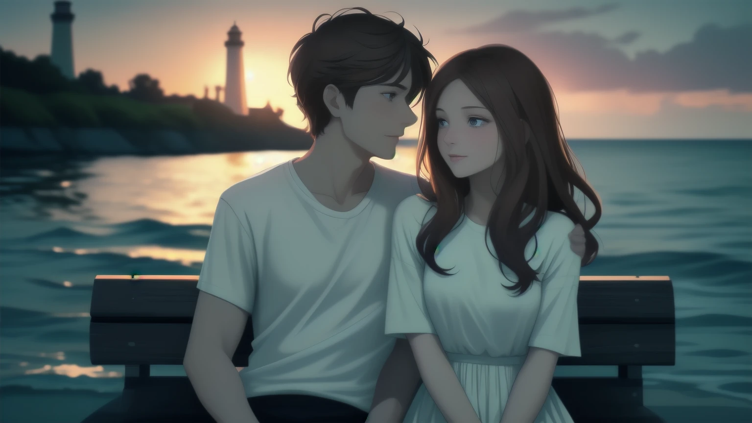 In the dusk, an attractive couple sat side by side on an old-fashioned bench by the (((lighthouse))). They were painted in soft shades of dark orange, creating a romantic atmosphere. A woman with long, wavy auburn hair that swept over her shoulders and shining blue eyes was dressed in a simple but elegant red dress that complemented the mood of the evening. Her boyfriend, with short, well-groomed brown hair and warm hazel eyes, wore a crisp white shirt and denim trousers.
