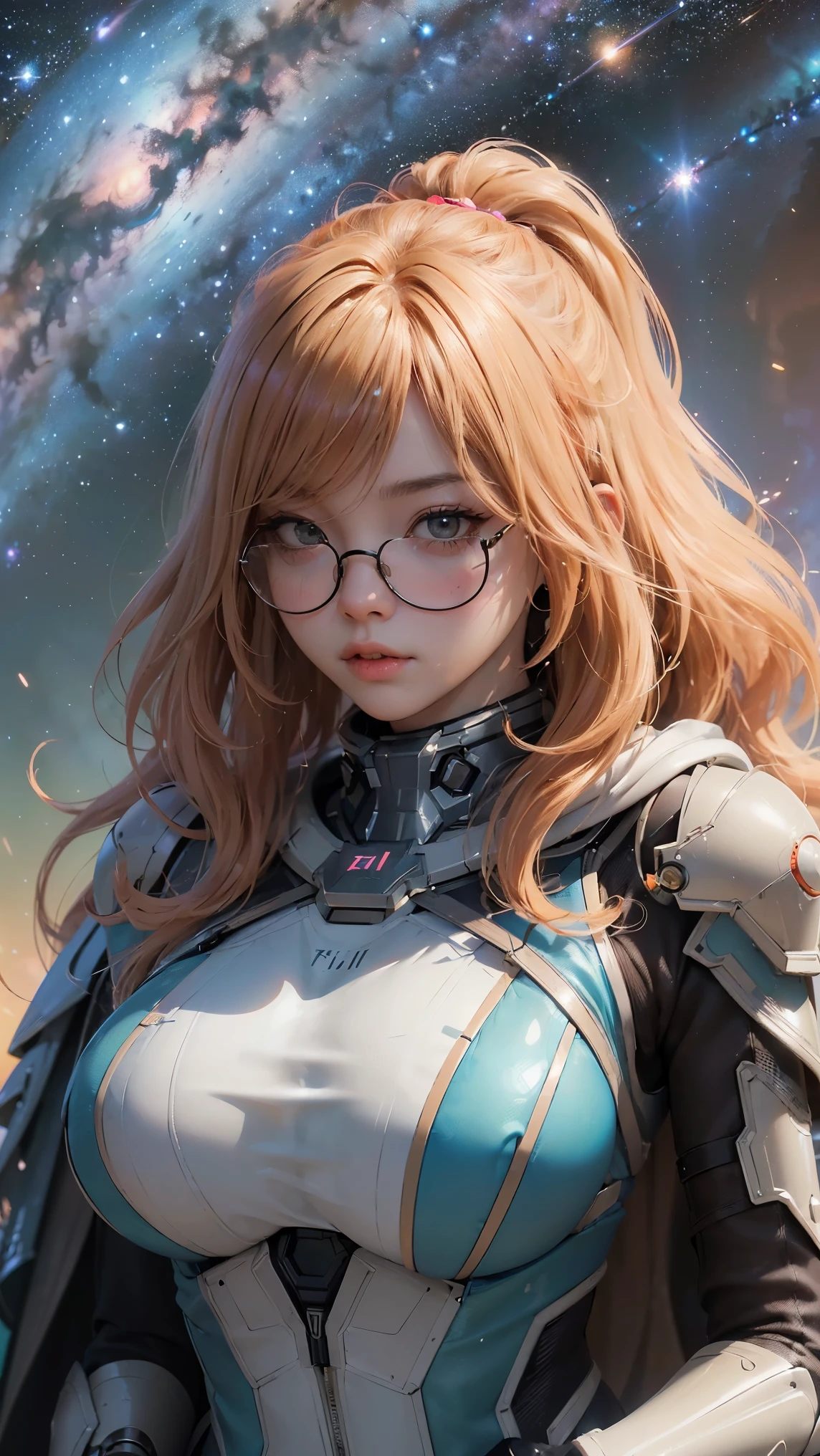 (RAW photo, 最high quality), (Hyper realistic),16k,(realistic, photo-realistic:1.5), masterpiece,ultra high resolution, amazing, (camera_superior_view:1.4), ((beautiful_35_Year_old_Brazilian_woman:1.4), ((athletic_Body-ABS:1.3), (sunburn_skin:1.4)), (thick and luscious lips:1.4), (Lying on futuristic Complex Place in the Space Milky Way:1.4),  ((((giant glasses, otaku glasses, thick glasses, round glasses))))、 (nice_length_curly_blonde_hair:1.4), ((wearing_futuristic_Complex_fluid_cut_armor_and_cloak_and_Milky Way_effect:1.4)), (high detailed skin:1.3), (rift_jaw:1.4), 緻密でbeautiful目, naughty face, looking at the viewer, (Pussy_hair:1.4)), Natural light, volume lighting, (film grain, Fujifilm XT3, 8k UHD, デジタル一眼レフcamera, Lenaximalist photography 8K resolution, intricately detailed, Complex, elegant, Huge, wonderful), high quality, Hollywood lips, 広いjawのライン, wide lips, 細くてbeautiful鼻, cinematic, very detailed, insane details, cinematic, very detailed, insane details, beautifully color graded, unreal engine, degrees of freedom, super resolution, megapixel, cinematic Lightning, anti-aliasing, FKA, Thai, RTX, SSAO, Post-processing, post production, tone mapping, CGI, VFX, special effects, Insanely detailed and intricate, hyper maximalist, Hyper realistic, Volume measurement, Super photorealistic, super detailed, Complex詳細, Super detailed, full color, Volume measurement lightning, HDR, realistic, unreal engine, 16k, sharp focus, octane rendering