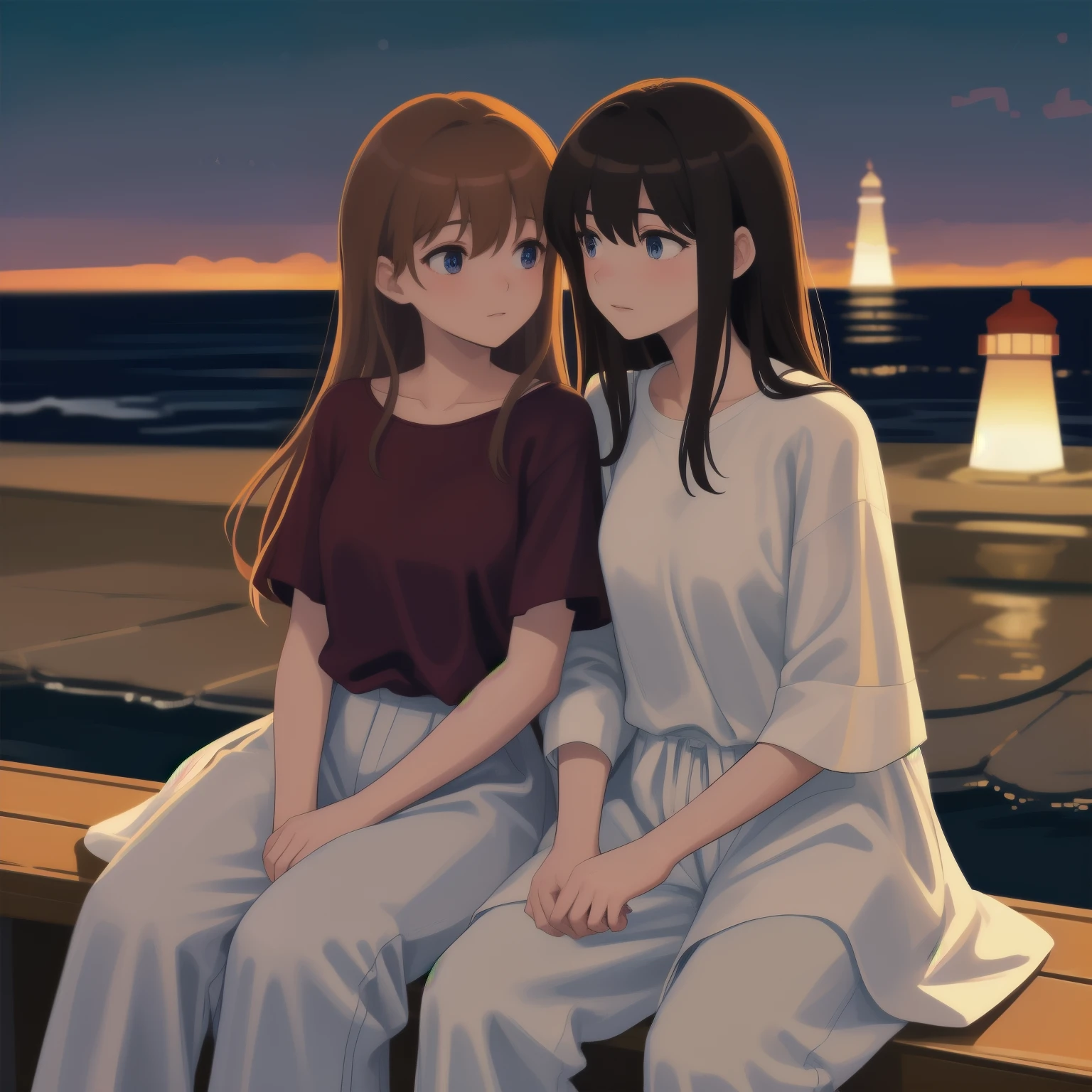 In the dusk, an attractive couple sat side by side on an old-fashioned bench by the (((lighthouse))). They were painted in soft shades of dark orange, creating a romantic atmosphere. A woman with long, wavy auburn hair that swept over her shoulders and shining blue eyes was dressed in a simple but elegant red dress that complemented the mood of the evening. Her boyfriend, with short, well-groomed brown hair and warm hazel eyes, wore a crisp white shirt and denim trousers.