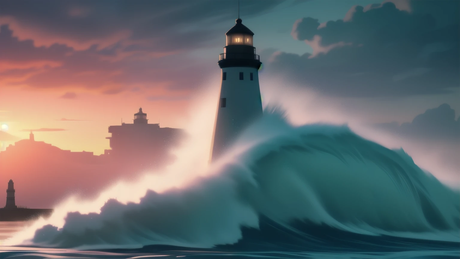 On the morning of a typhoon, a breathtaking spectacle unfolds as colossal waves fiercely collide against the towering (((lighthouse))) perched on the steadfast breakwater guarding the entrance of the bustling port. This masterfully captured scene, a true top-quality masterpiece, showcases the raw power of nature in the face of adversity. With the extremely detailed CG unity in 8K resolution, every element of this ultra-realistic 8K CG image is flawlessly depicted, from the dramatic shadows cast by the spotlights to the perfect lighting that bathes the scene in a detailed, lifelike glow.