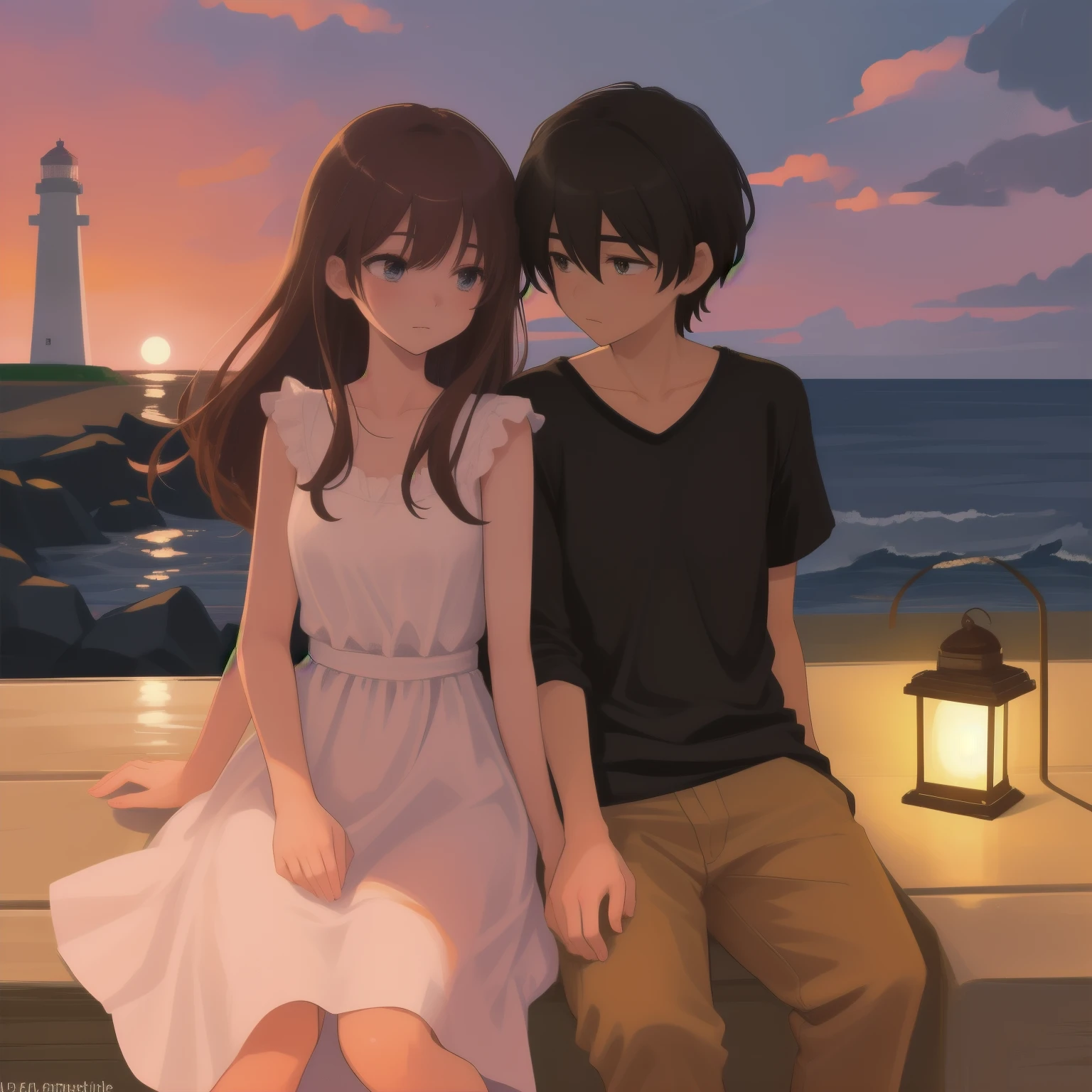 In the gentle evening glow, a charming couple sat side by side on a quaint bench nestled beside the (((lighthouse))). The serene atmosphere was painted with soft hues of orange and pink as the sun began to set, casting a warm and romantic ambiance. The woman, with her long, wavy auburn hair cascading down her shoulders and her sparkling blue eyes, was adorned in a simple yet elegant red dress that complemented the evening's mood. Her beau, with his short, well-groomed brown hair and warm hazel eyes, wore a crisp white shirt and denim trousers.