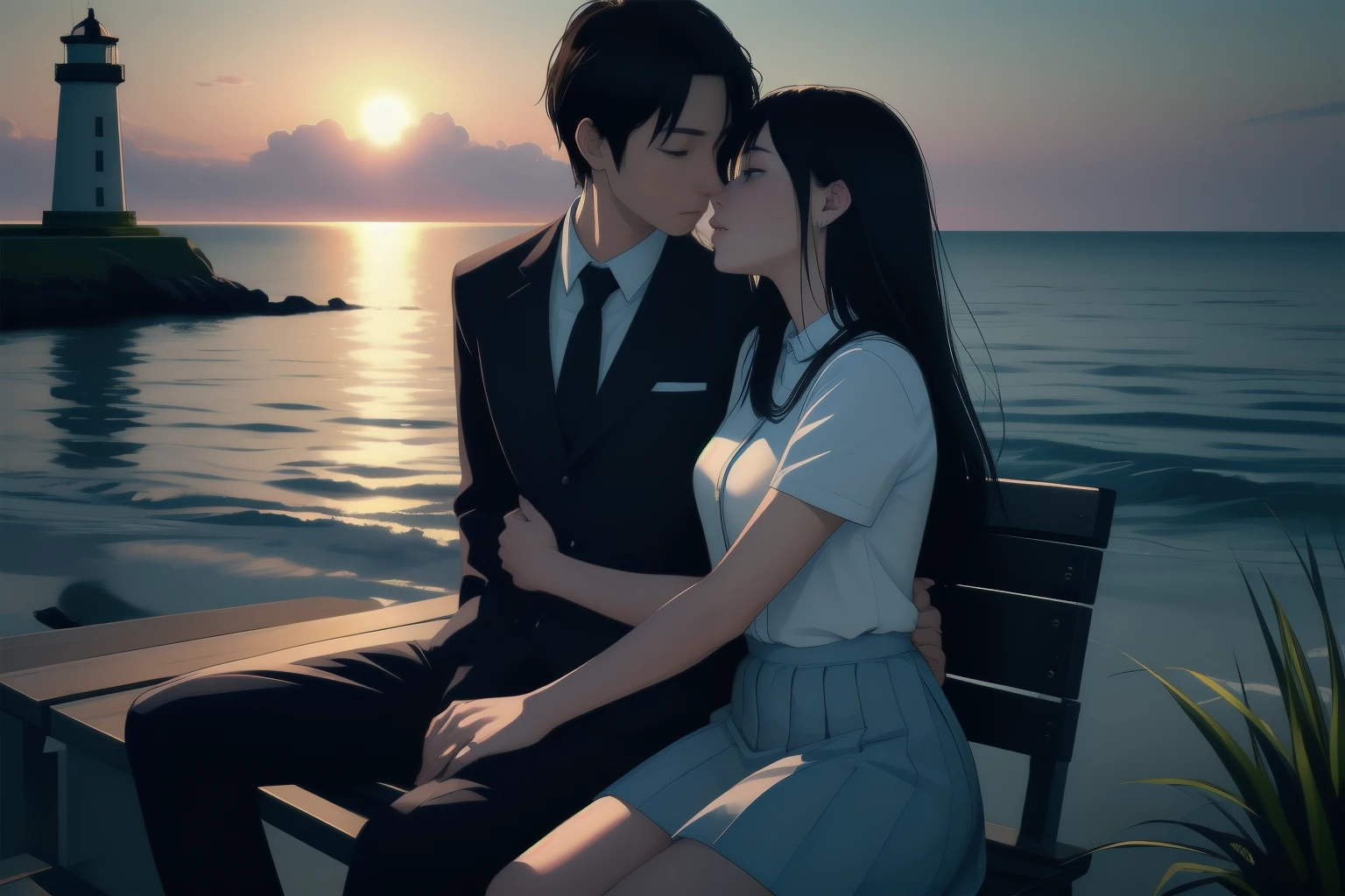(Masterpiece, High Quality, Couple, Date, Bench, (((Lighthouse))), Sunset, Romantic, In love, 1 man and 1 woman, 1.5), (Shiny skin, Realistic, Detailed, Cinematic, Award-winning, Physically-based rendering, High resolution, 8K Wallpaper), (Man with suit and tie, Casual attire for woman, Blouse and skirt, Comfortable shoes), (Intimate, Close embrace, Gazing into each other's eyes, Hands intertwined), (Bench by the water, Soft grass, Overlooking the ocean, Calm waves, Seagulls flying by),
