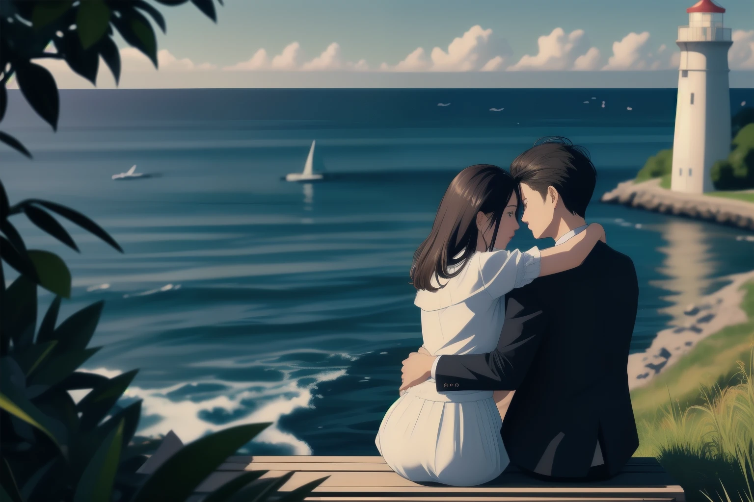 (Masterpiece, High Quality, Couple, Date, Bench, (((Lighthouse))), Sunset, Romantic, In love, 1 man and 1 woman, 1.5), (Shiny skin, Realistic, Detailed, Cinematic, Award-winning, Physically-based rendering, High resolution, 8K Wallpaper), (Man with suit and tie, Casual attire for woman, Blouse and skirt, Comfortable shoes), (Intimate, Close embrace, Gazing into each other's eyes, Hands intertwined), (Bench by the water, Soft grass, Overlooking the ocean, Calm waves, Seagulls flying by), 