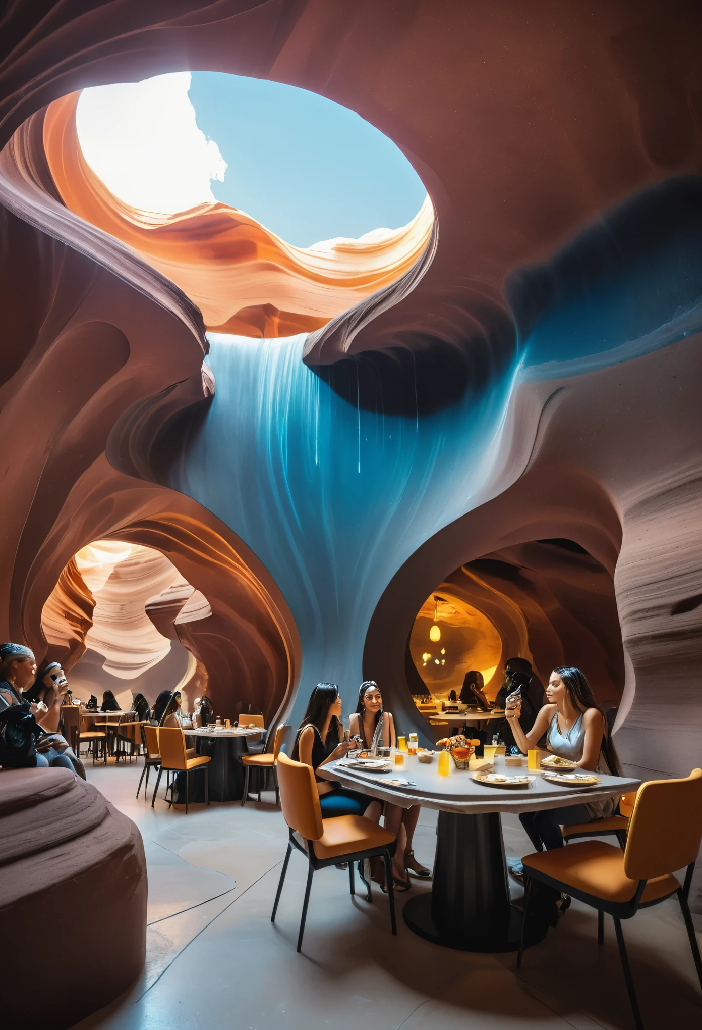 3 girls eating in front table, taking selfie. friends eating inside of lobby antelope canyon like cafe of ((Masterpiece))underground cave city, gray rocky surface which is covered with a thick layer of dust, futuristic sci-fi masterpiece, cybernetic residential beehive pod architecture designs carved inside of grand canyon caves, luxury cafe, realistic ,intricate, detailed ,modern, neo cave centric design,rocks,blue fountain, waterfalls,desert caves, organic futurism, indigenous futurism,futuristic vision, architecture styles of Rem Koolhaas,Daniel Libeskind, Jean Nouvel, Paolo Soleri, upstairs, balconies, futuristic facades, trending on art station, beautiful lighting,masterpiece, fantasy, intricate, award winning, 4k, highest quality render model:Real , heart shaped architecture ((masterpiece)),((best quality)),((high detail)),((realistic,)) Futurist era city, architectural streets, bazaars, cyberpunk, buildings, night, neon, summer, hot desert，Magnificent space image scene heavenly body 8K，super-fine, rocky walls. friends eating in cafe. cafe bustling with people. people sitting in cafe.