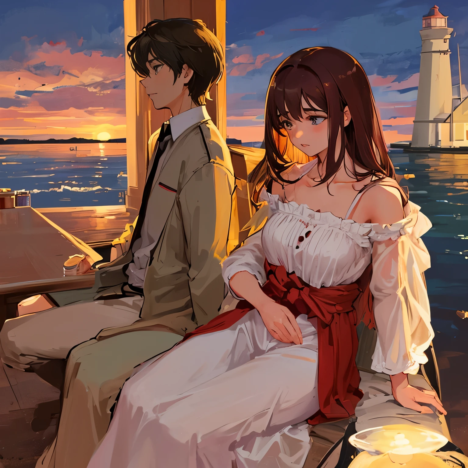 In the gentle evening glow, a charming couple sat side by side on a quaint bench nestled beside the (((lighthouse))). The serene atmosphere was painted with soft hues of orange and pink as the sun began to set, casting a warm and romantic ambiance. The woman, with her long, wavy auburn hair cascading down her shoulders and her sparkling blue eyes, was adorned in a simple yet elegant red dress that complemented the evening's mood. Her beau, with his short, well-groomed brown hair and warm hazel eyes, wore a crisp white shirt and denim trousers.
