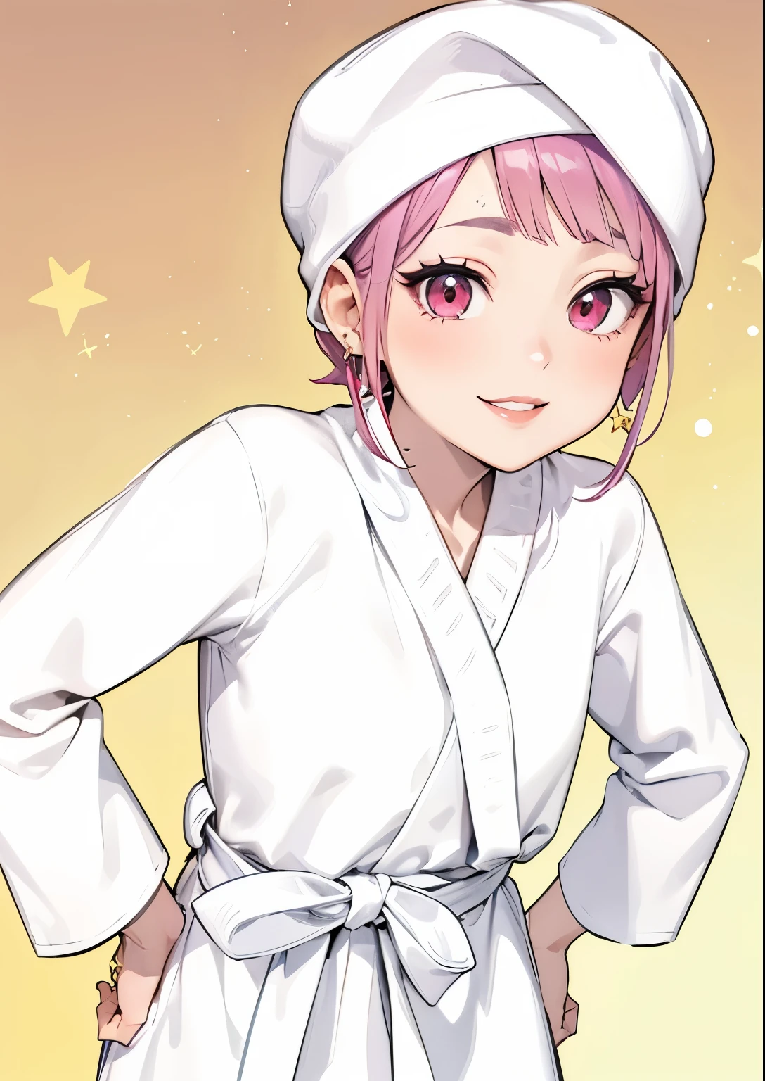 (masterpiece, best quality:1.4), (extremely detailed, 8k, uhd), cinematic shot, natural lighting, ultra highres, vibrant rich colors, (beautiful, aesthetic, perfect, delicate, intricate:1.2), (sharp focus, from front:1.3), eye level shot, 1girl, portrait of a anime girl, young, short pink hair, (extremely hot, attractive, beautiful, sexy, feminine:1.2), calm, expressive red eyes, long eyelashes, relaxed, (smiling:1.2), (beautiful detailed face, highly detailed skin, red eyes), gorgeous, breathtaking beauty, seductive, captivating, pale skin, perfect female figure, (slim:0.5), (highly saturated lipstick, purple pink lips, luscious thick lips, small red star earrings), intricate details, daytime, award winning photography, detailed background, volumetric fx, anime, hyper-detailed