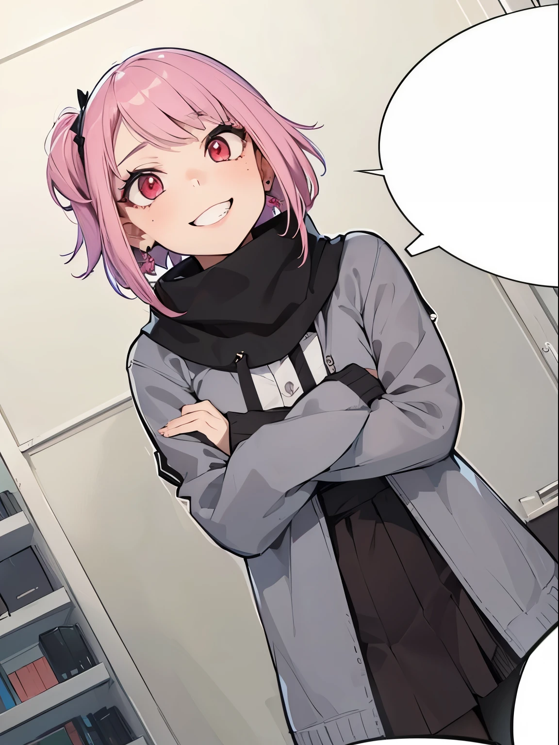 (masterpiece, best quality:1.4), (extremely detailed, 8k, uhd), cinematic shot, natural lighting, ultra highres, vibrant rich colors, (beautiful, aesthetic, perfect, delicate, intricate:1.2), (sharp focus, from front:1.3), eye level shot, 1girl, portrait of a anime girl, young, short pink hair, (extremely hot, attractive, beautiful, sexy, feminine:1.2), calm, expressive red eyes, long eyelashes, relaxed, (smiling:1.2), (beautiful detailed face, highly detailed skin, red eyes), gorgeous, breathtaking beauty, seductive, captivating, pale skin, perfect female figure, (slim:0.5), (highly saturated lipstick, purple pink lips, luscious thick lips, small red star earrings), intricate details, daytime, award winning photography, detailed background, volumetric fx, anime, hyper-detailed