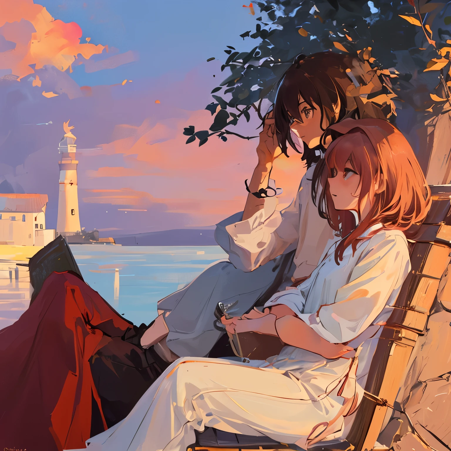 In the gentle evening glow, a charming couple sat side by side on a quaint bench nestled beside the (((lighthouse))). The serene atmosphere was painted with soft hues of orange and pink as the sun began to set, casting a warm and romantic ambiance. The woman, with her long, wavy auburn hair cascading down her shoulders and her sparkling blue eyes, was adorned in a simple yet elegant red dress that complemented the evening's mood. Her beau, with his short, well-groomed brown hair and warm hazel eyes, wore a crisp white shirt and denim trousers.