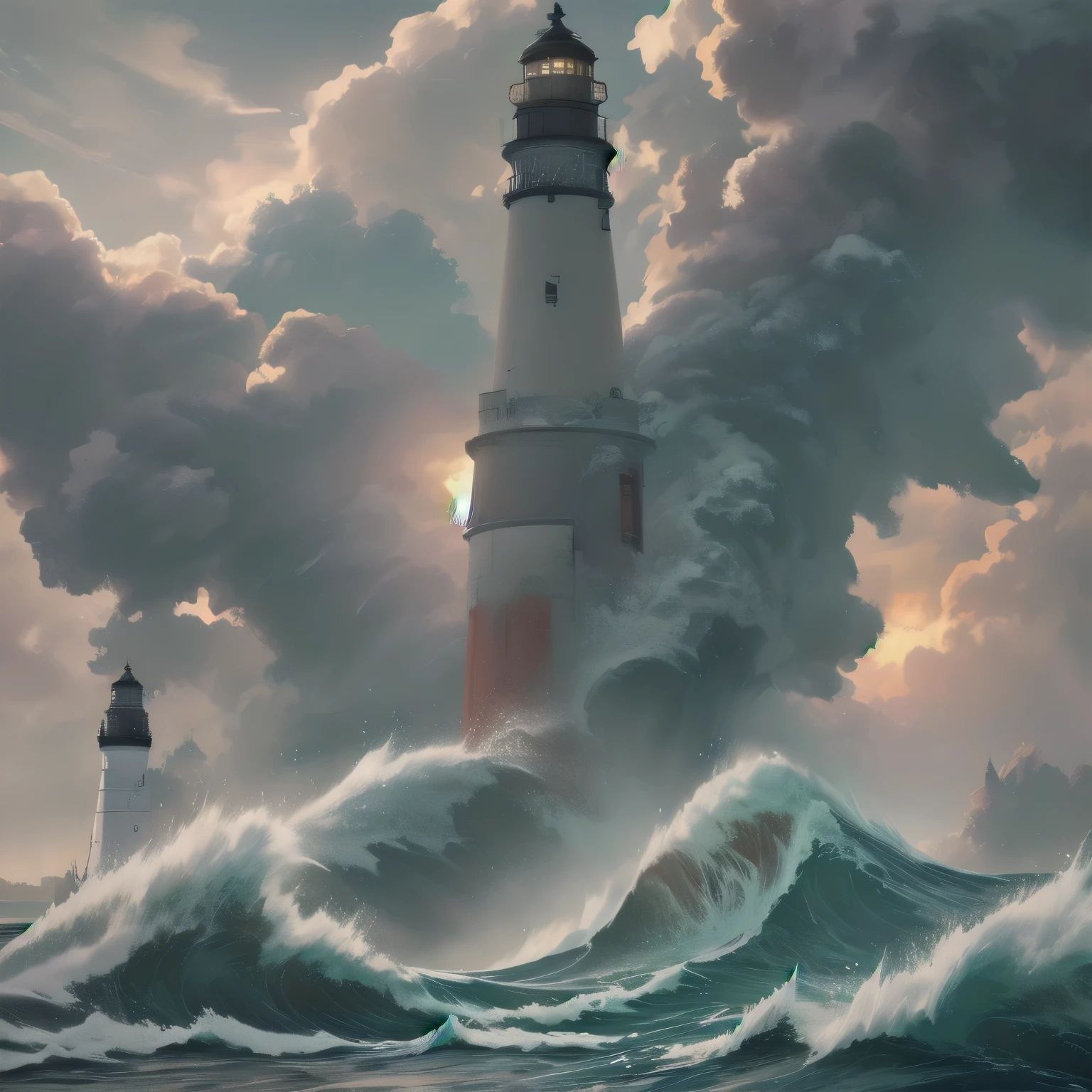 On the morning of a typhoon, a breathtaking spectacle unfolds as colossal waves fiercely collide against the towering (((lighthouse))) perched on the steadfast breakwater guarding the entrance of the bustling port. This masterfully captured scene, a true top-quality masterpiece, showcases the raw power of nature in the face of adversity. With the extremely detailed CG unity in 8K resolution, every element of this ultra-realistic 8K CG image is flawlessly depicted, from the dramatic shadows cast by the spotlights to the perfect lighting that bathes the scene in a detailed, lifelike glow.
