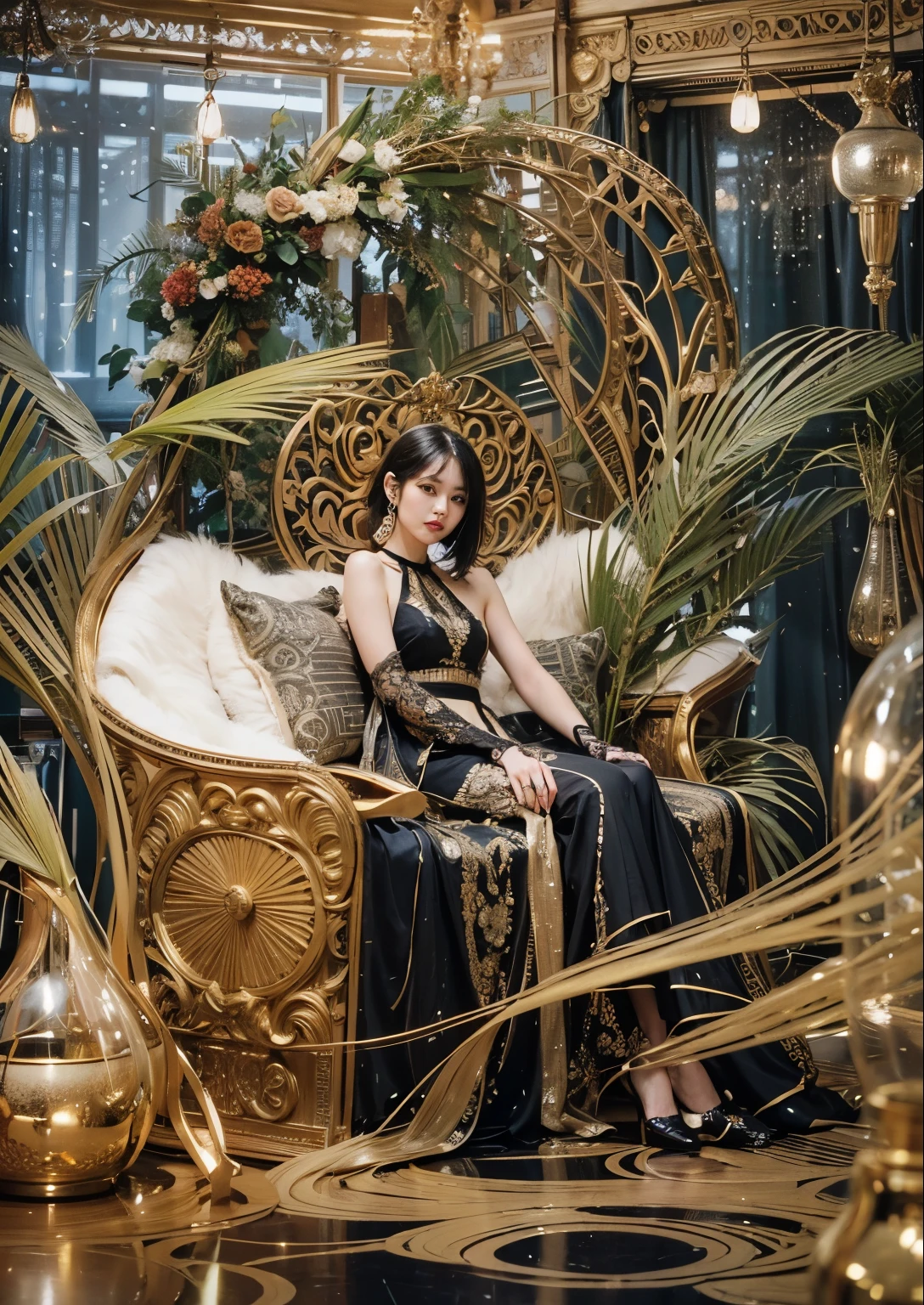 (Best quality, 8k, 32k, Masterpiece, UHD:1.2) "Generate a captivating artwork featuring a young Japanese girl model with short, sleek black hair styled in a chic bob haircut. Envision her bathed in dramatic cinematic lighting, creating an atmosphere of allure and mystery. Emphasize a romantic aesthetic vibe, showcasing the model in a poised and elegant pose that evokes a sense of intimacy and sophistication. Utilize warm and soft tones to enhance the romantic ambiance, and consider incorporating elements like flowing fabrics or flowers to add a touch of ethereal beauty. Capture the essence of romance and beauty through the model's expression, the play of light and shadows, and the overall aesthetic, creating a visually compelling and emotionally resonant piece." (perfect eyes), flawless skin, flawless face, cinematic, tight body, ((well-proportion female hands)), ((female hands with five digits)) ((Body is well proportioned)), ((chic bob haircut)),