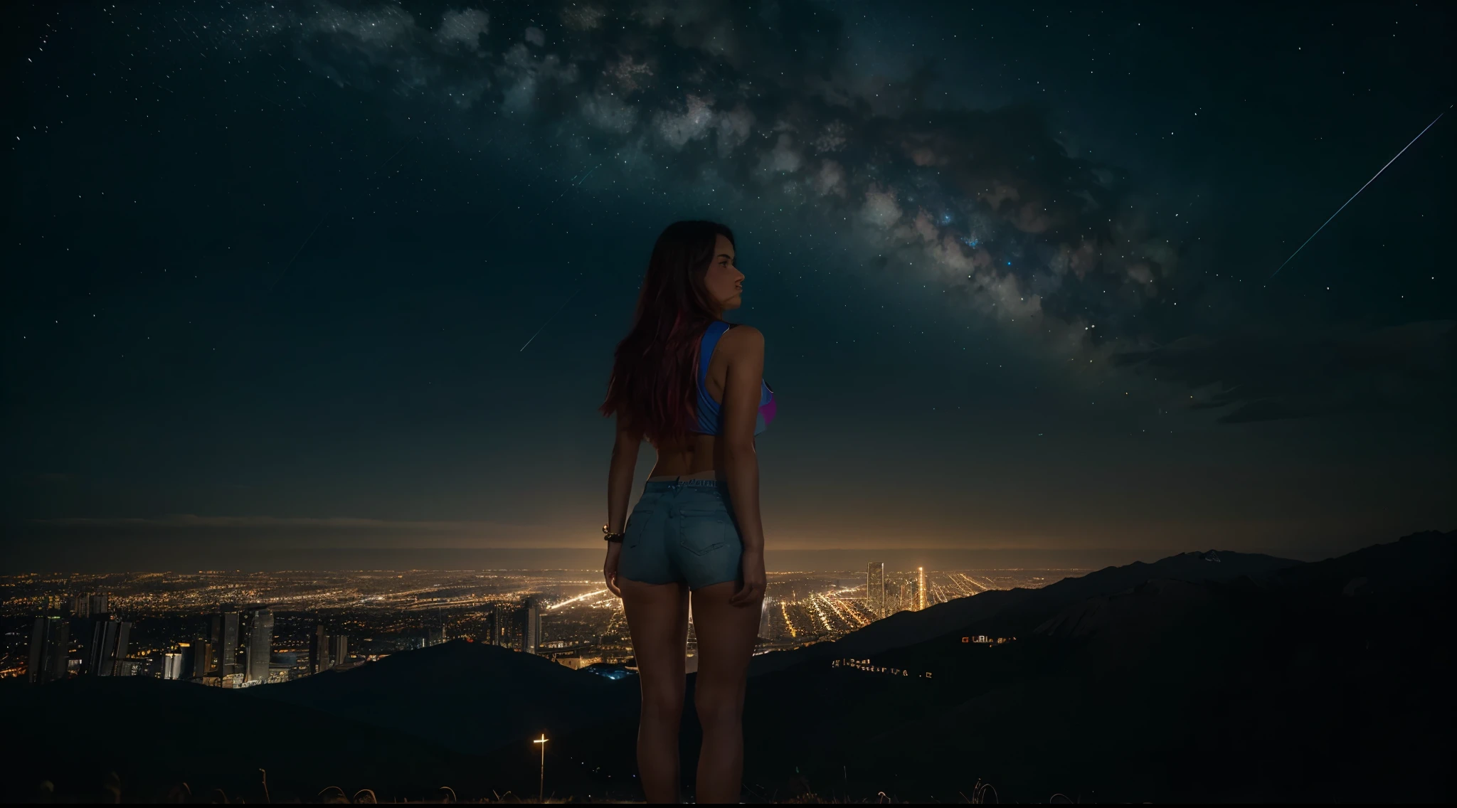 ((Obra maestra)), (Mejor calidad),, arte oficial, Fondo de pantalla CG unity 8k extremadamente detallado, muy detallado, piel brillante, Profundidad de campo, vivid color,, 1 chica, (curvas:0.4), (cuerpo completo:0.6),, cabello corto, golpes, ojos rojos, falda, Mirando al espectador, Noche, calle, neon, looking back, estrella (cielo), multitud, parte superior del cuerpo,