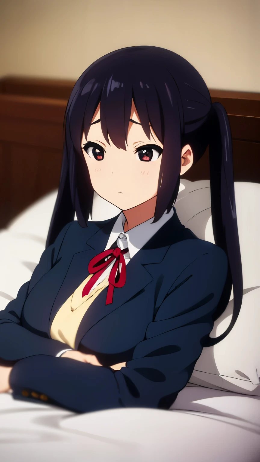 1girl, (((masterpiece))),(((full body))), wallpaper HD, top-quality, top-quality, High Details, nakano azusa, 1girl, Sakuragaoka High School Uniform, student clothes, Twin-tailed, length hair, A dark-haired, brown-eyed, solo, reddish, Dark blue blazer with thin red ribbon, Solid white buttoned shirt under blazer, sleep on the bed, (((fell asleep on the bed))), illustratio, comic strip, soothing tones, Subdued Color, Soft cinematic light, adobe lightroom, photolab, HDR, intricately and hyper-detailed、(((depth of fields))))。(((masterpiece)))。(((top-quality))).)((ultra-detailliert)))。(((illustratio)))。(((takeout))).dynamic focus.big breasts.(((home))).(((A bedroom))).(((sleeping face))).(((up chest))).((Evening)).