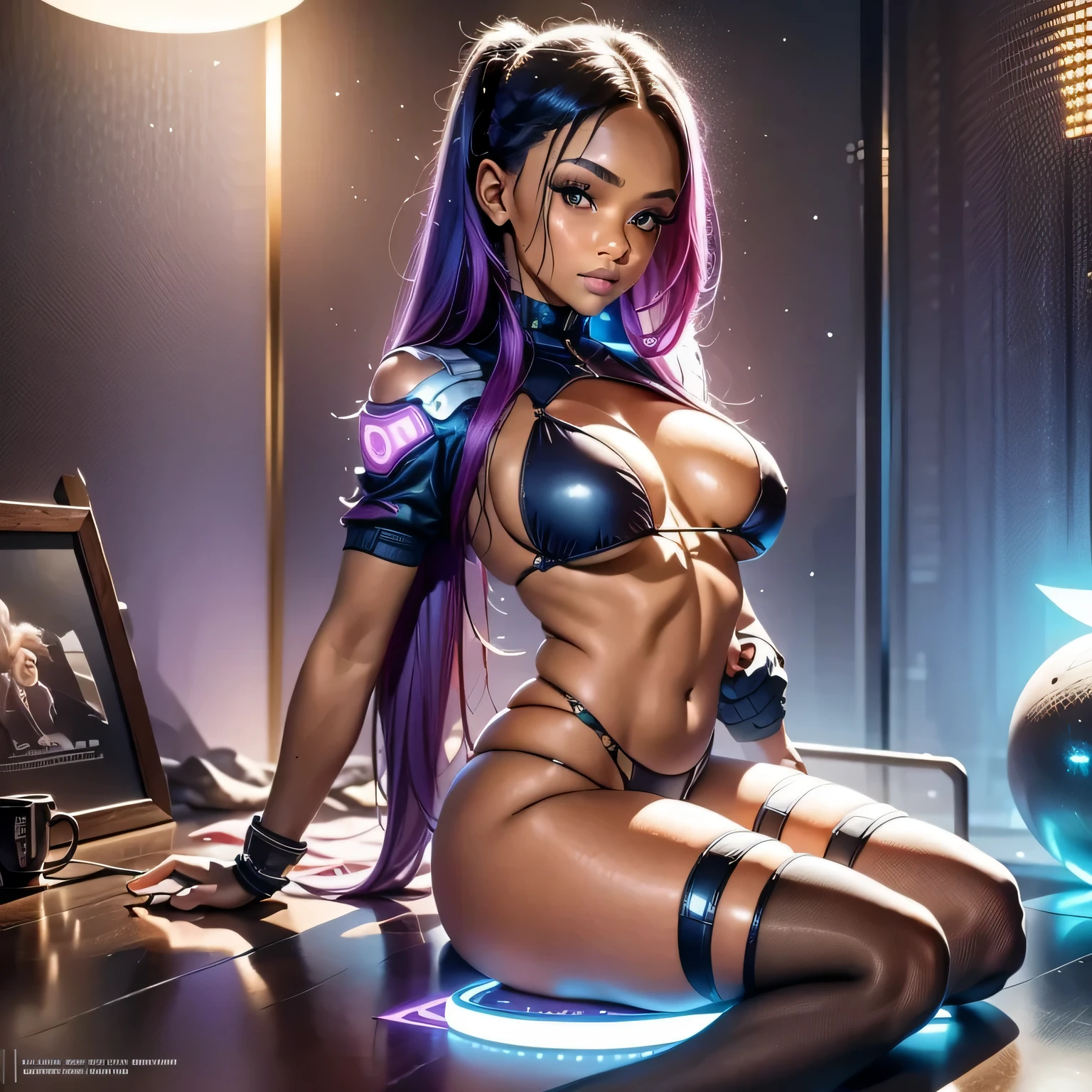 (full body: 1.2), Beautiful Cyber punk girl 2077, 18 years old, fit and attractive body. The image must be high-quality 8k resolution and use advanced rendering techniques such as photon mapping, radiosity, and physical rendering with automatic white balance. The lighting should be cinematic, with masterful lighting and slightly heightened twilight. Details: The woman must have smooth, soft skin, with visible pores and a heart-shaped butt, a current trend in Brazil. She should wear normal clothes, specifically cotton micro lingerie, with cotton panties or very short pajamas. The image should focus on your beautiful, symmetrical face, with ultra-detailed eyes, and the bikini line on your tanned skin. Pose: The woman must pose in a sexy way, looking directly at the viewer. She may be scantily clad, with small breasts and nipples visible, and her hair may be detailed with fringes and freckles. She should have a smiling expression. Background: Cyber punk 2077's background should be ultra-detailed, rendered using CGI with Unreal Engine 5. But it should have a soft focus effect. Final artwork should not be based on a specific photograph, but should look realistic. Composition: The image should evoke a sense of technology and high-quality craftsmanship, reminiscent of a masterpiece of illustration and CG art. The composition must include elements of unity, wallpaper and official art. The final image must present fine details, extreme delicacy and beauty, with sharp focus and a high level of detail. (The construction of the image must be procedural based on the information described in this text: