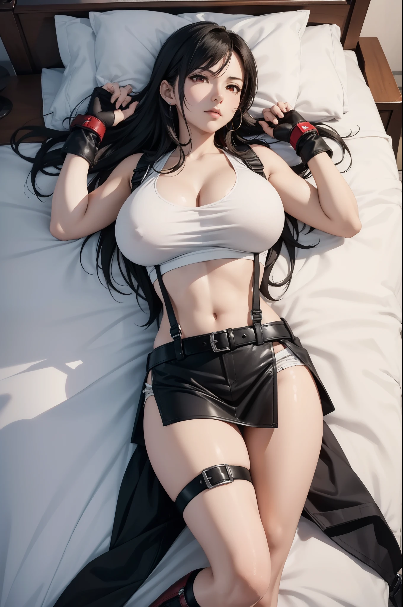 (masterpiece, best quality, cinematic, photorealistic, ultra-detailed), 1girl, sexy body, (Tifa Lockhart), (wide shot, from above:1.5), perfect hands, wide hips, (bursting breasts, large cleavage:1.3), round ass, (Tifa has very dark hair, varying brown to black, which typically falls on her back and is tied at the tips to form a dolphin-tail split), (Tifa wears a white tank top and black miniskirt with a belt and suspenders:1.5), (dons red and black gloves that extend to her elbows, red boots, black socks, and a metal guard on her left elbow.:1.2), (seductive pose, lying face down in the bed:1.4), (detailed eyes, detailed pupil)