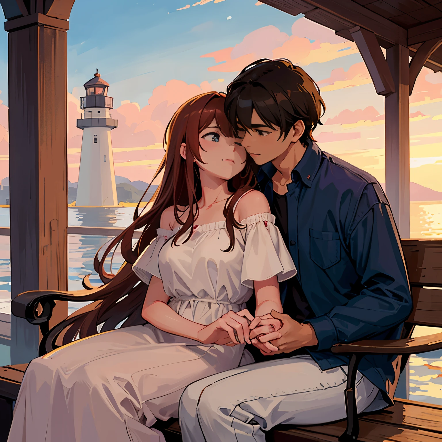 In the gentle evening glow, a charming couple sat side by side on a quaint bench nestled beside the ancient lighthouse. The serene atmosphere was painted with soft hues of orange and pink as the sun began to set, casting a warm and romantic ambiance. The woman, with her long, wavy auburn hair cascading down her shoulders and her sparkling blue eyes, was adorned in a simple yet elegant red dress that complemented the evening's mood. Her beau, with his short, well-groomed brown hair and warm hazel eyes, wore a crisp white shirt and denim trousers. They shared a moment of profound connection, their hands intertwined and