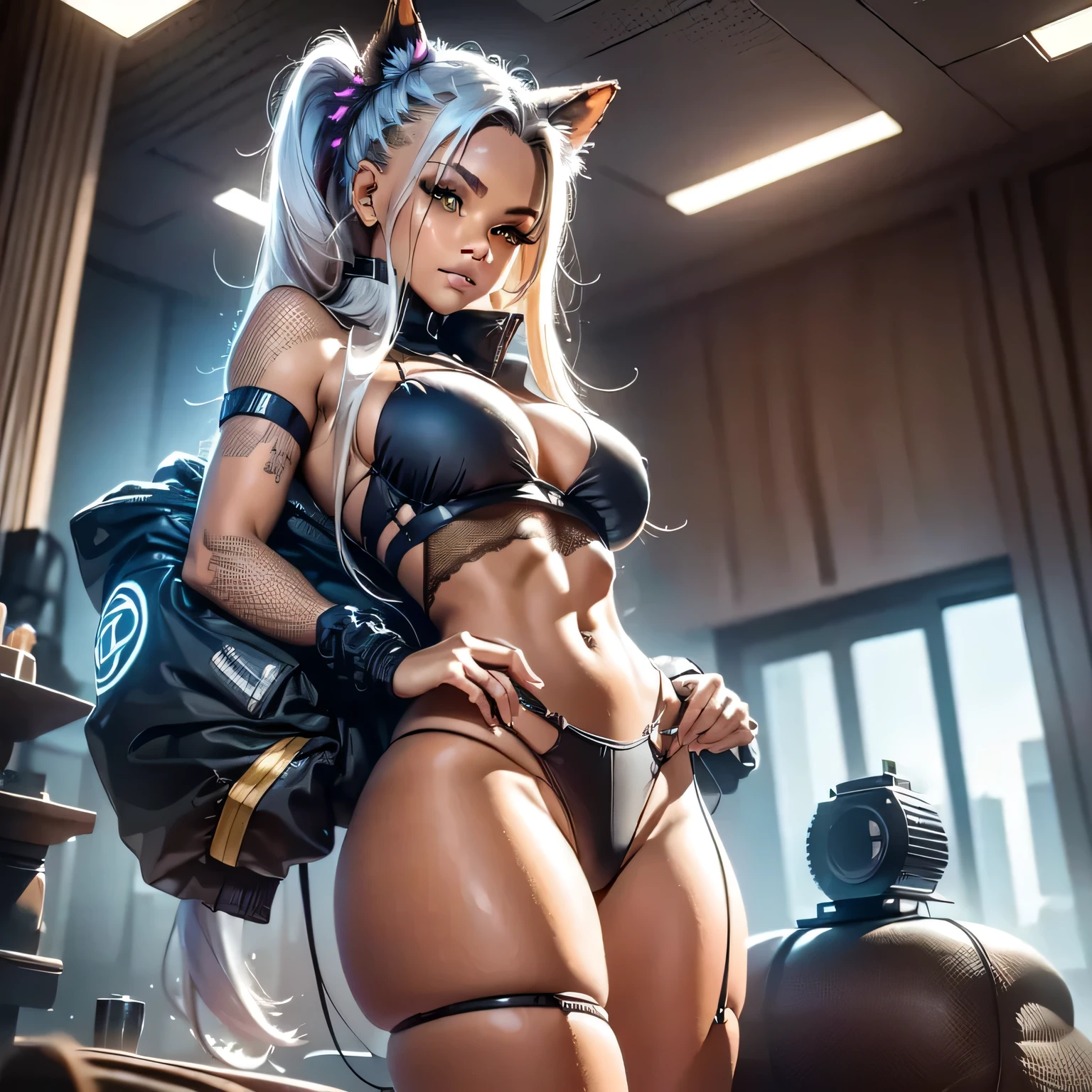 (full body: 1.2), Beautiful Cyber punk girl 2077, 18 years old, fit and attractive body. The image must be high-quality 8k resolution and use advanced rendering techniques such as photon mapping, radiosity, and physical rendering with automatic white balance. The lighting should be cinematic, with masterful lighting and slightly heightened twilight. Details: The woman must have smooth, soft skin, with visible pores and a heart-shaped butt, a current trend in Brazil. She should wear normal clothes, specifically cotton micro lingerie, with cotton panties or very short pajamas. The image should focus on your beautiful, symmetrical face, with ultra-detailed eyes, and the bikini line on your tanned skin. Pose: The woman must pose in a sexy way, looking directly at the viewer. She may be scantily clad, with small breasts and nipples visible, and her hair may be detailed with fringes and freckles. She should have a smiling expression. Background: Cyber punk 2077's background should be ultra-detailed, rendered using CGI with Unreal Engine 5. But it should have a soft focus effect. Final artwork should not be based on a specific photograph, but should look realistic. Composition: The image should evoke a sense of technology and high-quality craftsmanship, reminiscent of a masterpiece of illustration and CG art. The composition must include elements of unity, wallpaper and official art. The final image must present fine details, extreme delicacy and beauty, with sharp focus and a high level of detail. (The construction of the image must be procedural based on the information described in this text: