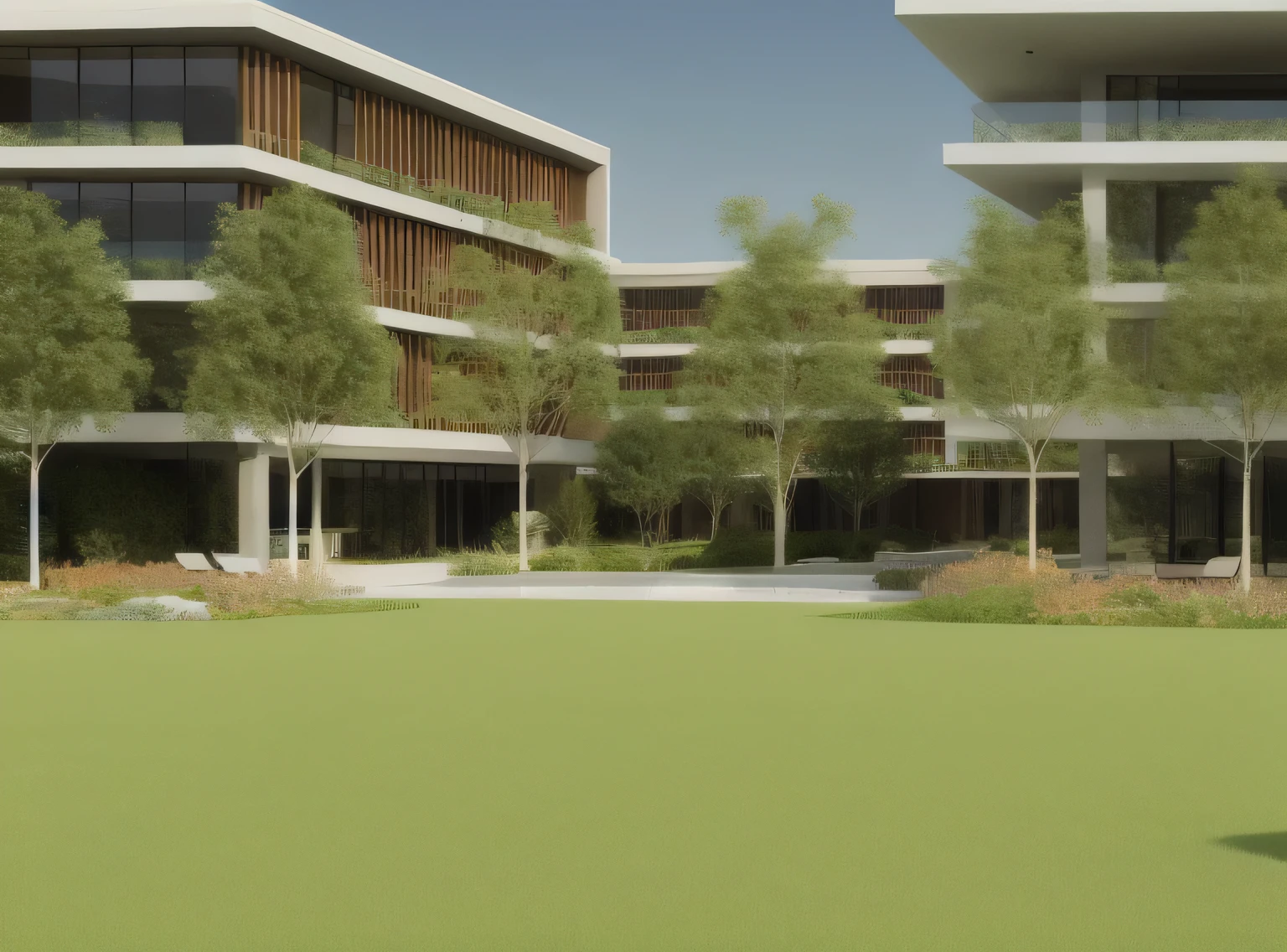 rendering of a courtyard with trees and a lawn in front of a building, architectural render, architectural visualisation, architectural rendering, architecture render, ground level view, ground-level view, ground - level view, architectural 3 d render, ground level camera view, professional render, digital rendering, mantra rendering, ground view, residential, mid-view, gardens