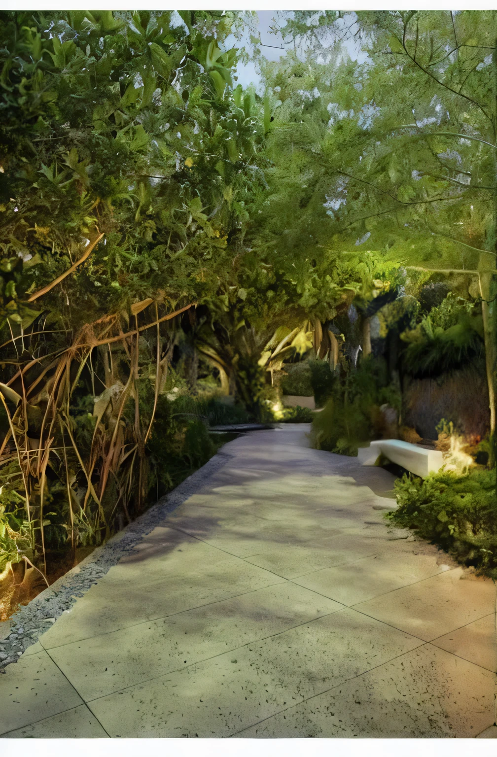 a view of a walkway with a bench and trees in the background, lush surroundings, lush garden surroundings, landscape architecture photo, uplit, photograph of enchanted garden, evening light, lush lighting, pathway, evening lighting, visually stunning, soft filtered outdoor lighting, dense with greenery, courtyard walkway, lush environment, lush exotic vegetation, lush vegetation in the center, lush landscaping