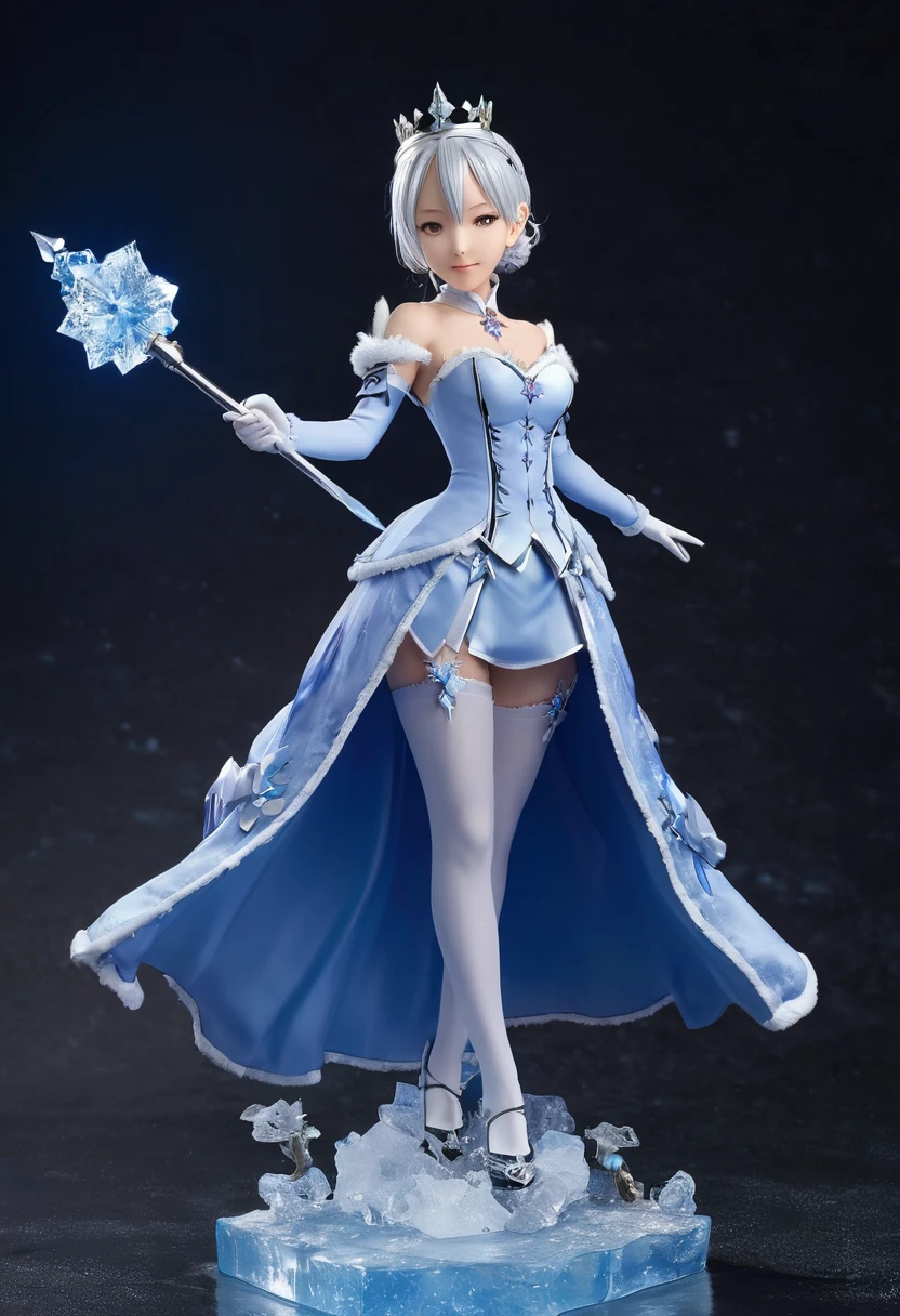 1girl, 3D Toys, Action Figure Emilia Re:Zero, with silver hair, Ice Crown, Blue Dress, Ice jewelry, holding a Ice magic wand, standing on a block of ice, Black Background, Best Quality, Best Lighting, Clear shadow, Full Body