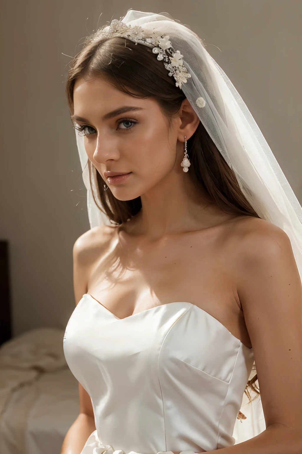 A model in a brides dress, close up shots, high fashion style, Beautiful