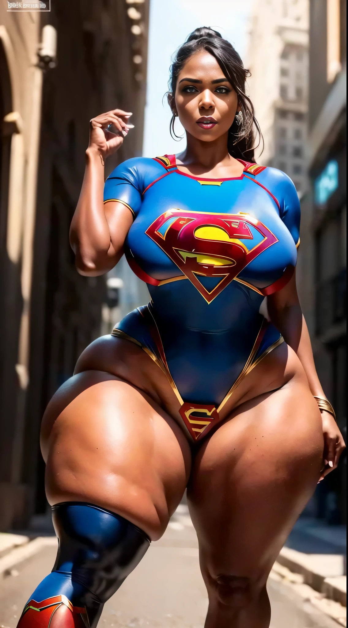 (((MATURE BLACK Woman))), ((Best Quality)), ((Masterpiece)), (Detail: 1.4), 3D, A Beautiful Cyberpunk, (Cyberpunk), (cyborg), (ponytail hair), MATURE Woman with Simon Bisley-style micro thong, Genesis evangelion neon style clothing, 2-piece clothing, Long BLACK hair, arm tatoo, cybernetic hands, pastel, ((extremely beautiful)), ((fat woman)), ((alone)), ((full body)), ((ultra detailed face)), ((ultra detailed eyes)), ((brown eyes)), ((ultra realist eyes)), ((ultra detailed irises)), ((perfect body)), ((ultra delicate hands)), ((ultra detailed hands)), ((ultra detailed fingers)), ((natural lighting)), ((front view)), ((malicious smile)), ((smooth skin)), ((flat chest)), ((very big ass)), ((ultra wide hips)), ((huge hips)), ((ultra wide hip bones)), ((very wide pubis)), ((ultra thick thighs)), ((ultra thin waist)), ((totally ultra realistic)), (so sweet), ((repeat the same face)), ((always the same face)), ((repeat always the same face)), ((always the same body)), ((always the same proportions)), ((flat belly)), ((looking at the camera)), Centered, scale to fit the dimensions, thirds rule, 8K Raw, Crysisnanosuit,loraeyes,nijistyle,pantyhose,Blue eyes, (SWIMSUIT:1.3), (supergirl:1.3), (CURVY:1.3), (MILF:1.5)
