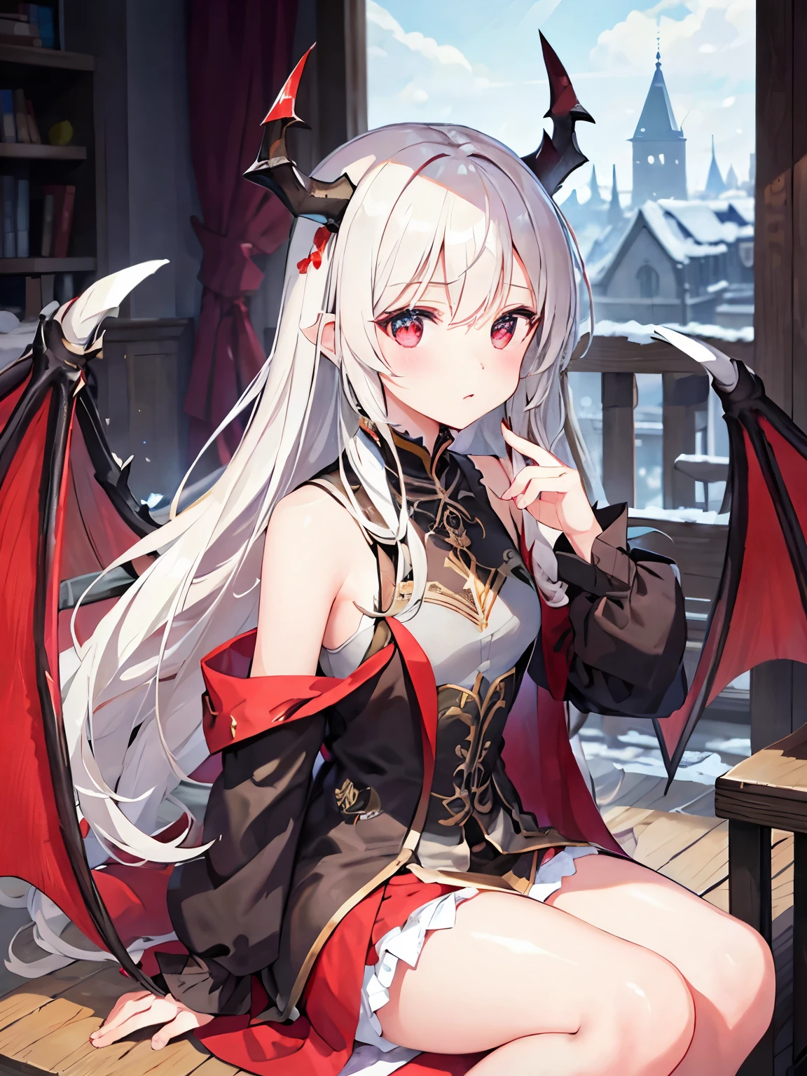 (masterpiece), best quality, expressive eyes, perfect face, Long snow white hair, red eyes with slits, 16 year old, blushing, dragon horns turned backwards, dragon wings